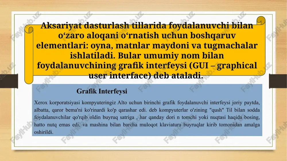 x listbox vidjeti foydalanuvchiga imkoniyatlar ro'yxatietish uchun ishlatiladi. 8 menubutton (“menyu tugmasi”) menubutton vidjeti sizning ilovangizda menyularni kuchun ishlatiladi. 9 menu (“menyu”) menu vidjeti foydalanuvchiga turli xil buyruqlar berisishlatiladi. ushbu buyruqlar menubutton-da joylashgan 10 message (“xabar”) message vidjeti foydalanuvchidan qiymatlarni qabul ko'p satrli matn maydonlarini ko'rsatish uchun ishlatiladi 11 radiobutton (“radion tugmasi”) radiobutton vidjeti bir qator parametrlarni radio tugsifatida ko'rsatish uchun ishlatiladi. bunda foydalanuvaqtning o'zida faqat bitta variantni tanlashi mumkin 12 scale (“miqyosi”) scale vidjeti slayder vidjetini ta'minlash uchun ishlatiladi 13 scrollbar (“otkazish paneli”) scrollbar vidjeti turli xil vidjetlarga, masalan, ro'yxato'tish imkoniyatini qo'shish uchun ishlatiladi. 14 text (“matn”) text vidjeti matnni bir necha qatorda aks ettirish uchishlatiladi. 15 toplevel (“uchinchi daraja”) toplevel vidjeti alohida oyna idishini ta'minlash uchun ishlatiladi. foydalanilgan adabiyotlar 1. horstmann, cay s. c++ for everyone/cay s. horstmann. printed in the united statesof america - 2nd ed. 2010. – p. 562. 2. horton i.-beginning visual c++ 2012/ i.horton. …
