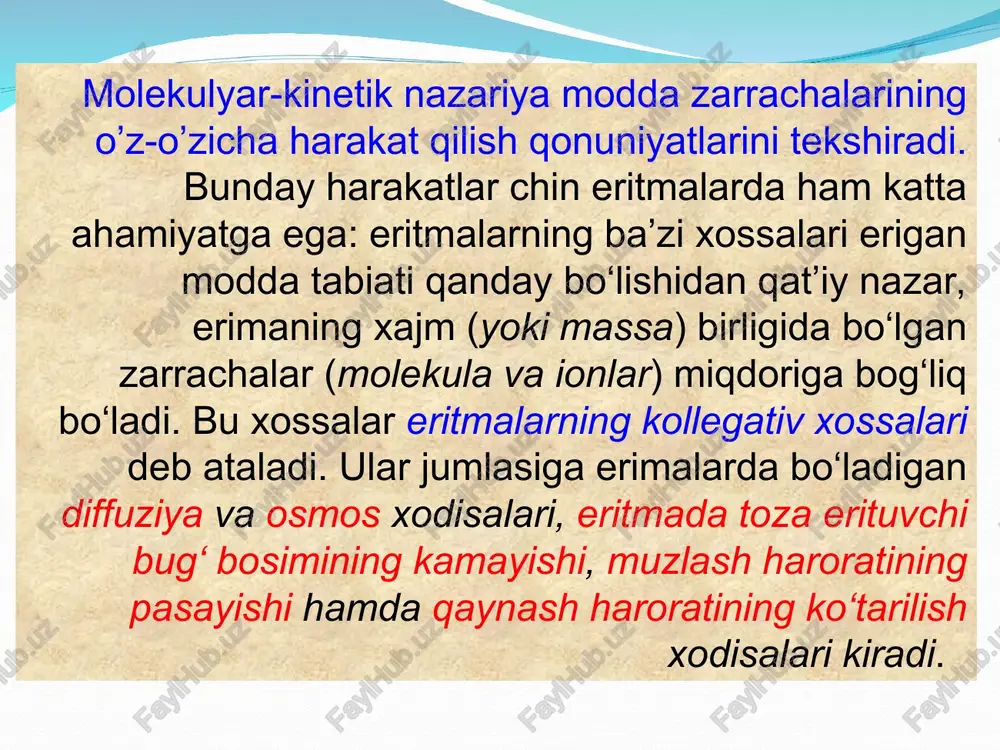 gan zarracha o’lchamiga teskari proporsionaldir. diffuziya diffuziya tezligi fik aniqlagan qonuniyatlrga bo’ysunadi. fikning i – qonuniga asosan δχ oraliqda turgan 2 nuqtalar orasidagi konsentrasiyalar farqi δs bo’lsa, dt – cheksiz kichik vaqtda (sekundda) q yuza orqali eritmaning konsentrasiyasi katta joydan kichik konsentrasiyali joyga o’tadigan modda miqdorini (dm) quyidagi tenglama yordamida hisoblash mumkin: – cheksiz kichik diffuziya yo’li (dx) da konsentrasiyaning kamayishi bo’lib, u konsentrasiya gradienti deyiladi. d – diffuziya koeffisienti. konsentrasiyaning vaqt bo’yicha o’zgarishi fikning ii qonuni asosida topiladi: ( d – sm2/sek ) a.eynshteyn formulasidan muhit haroratining ko’tarilishi bilan diffuziya tezligini ortishi, muhit qovushqoqligini ortishi bilan esa diffuziya tezligi kamayishini ko’rish mumkin. bu formula yordamida kolloid zarrachalarning radiusini xisoblab topish mumkin. bu metod – zarracha radiusini aniqlashning diffuzion metodi deb ataladi. shunday qilib, diffuziya xodisasi kolloid zarrachalar o’lchamlarini va molekulyar massasini aniqlashda katta ahamiyatga ega. e’tiboringiz uchun rahmat eater eeneaei nas esa erane earn risen nn parr orr aro …