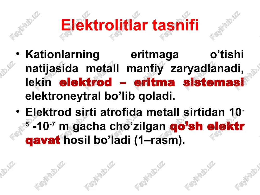 anish mavjud bo’lmaganda qo’sh qavatni yupqa kondensatorga o’xshatish mumkin. bunda m metallning zaryadlangan sirti kondensatorning bitta qavati bo’lib xizmat qilsa, masofadagi samarali chegara sirt ikkinchi qavat bo’ladi. elektrod potentsiallar metall bilan eritma orasida potentsiallar sakrashi paydo bo’ladi. har qanday potentsiallar sakrashi o’rnatilgan taqdirda ham elektrod va eritma orasida kationlar almashinishi kuzatiladi. metalldan eritmaga qarab ionlarning oqimi ularning eritmadan metallga qarab oqimiga teng va elektronlarning eritmadan metallga va metalldan eritmaga bo’lgan oqimlariga teng kuchlidir. elektrod potentsiallar elektrodning bir birlik sirti uchun olingan bu oqimning kuchini almashinish toki deyiladi. erit­maning o’rtacha ion aktivligi birga teng bo’lgandagi almashinish toki standart j0 hisoblanadi. turli sistemalarda j0=103-10-9 a/m2 ga teng. elektrod potentsiallar elektrod potentsiali hosil bo’lishining keltirilgan mexanizmi umumiy emas. ayrim metallar (oltin, platina) shunchalik maxkam kristall panjaraga egaki, ulardan kationlar ajralib chiqa olmaydi. bu metallarda potentsiallar farqi paydo bo’lmaydi. elektrod potentsiallar ammo bunday metallarning sirtiga oksidlanish yoki qaytarilish qobiliyatiga ega bo’lgan ko’pchilik moddalar adsorbilanishi …