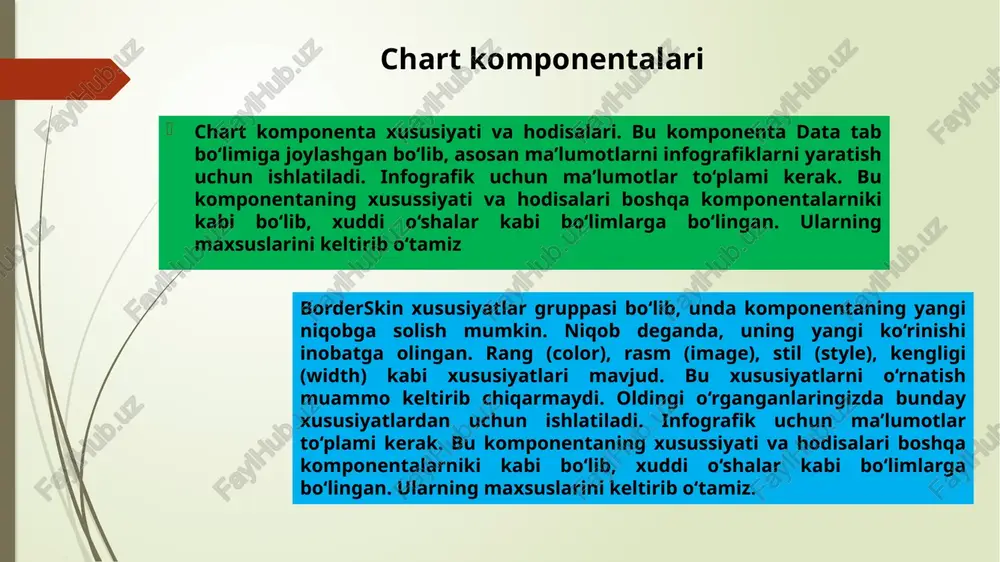 ini qo`shish chart1->series->add(series1); // qiymatlarni myfunction^ func = gcnew myfunction(); for (double i = 0; i points->addxy(i, func->getvaluepow(i)); } bitta chart ga bir nechta sohani joylashtirish. chart komponentasi yordamida foydlanuvchining ixtiyoriy ma’lumotlarini infografikasini yaratish mumkin. bu juda katta imkoniyatli komponenta hisoblanadi. buni xammasini o‘rganish uchun ko‘proq amaliyot qilish lozim. yuqorida uning ba’zi imkoniyatlarini keltirgan holda komponentaning xususiyatlari va hodisalari bo‘yicha nazariy va amaliy ma’lumotlarni keltirdik. foydalanilgan adabiyotlar 1. horstmann, cay s. c++ for everyone/cay s. horstmann. printed in the united statesof america - 2nd ed. 2010. – p. 562. 2. horton i.-beginning visual c++ 2012/ i.horton. published simultaneously in canada.–2012. –p. 988. 3. ziborov v.v. ms visual c++ 2010 v srede .net (2012) piter. boris paxomov. c/c++ i visualc++ 2010 dlya nachinayushix. - sbp: bxv-peterburg. 2011. 4. bjarne stroustrup. programming: principles and practice using c++ (2nd edition). person education, inc. 2014. second printing, january 2015. 5. bjarne stroustrup. the c++ …