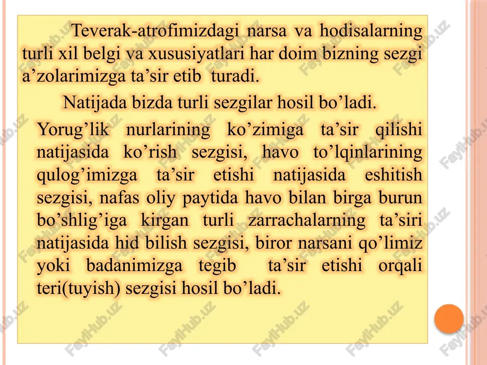musiqaviy va shovqinli tovushlarni aks ettiradi. odatda tovushlar oddiy va murakkab turlarga ajratiladi, ularning birinchisi tonli, ikkinchisi esa bir necha tondan tashkil topadi. eshitish sezgilari quloq bo’lib, tashqi quloqlar suprasi bilan eshituv yo’lidan iborat. o’sha quloqlar nog’ora parda va unga yopishgan uchta suyakcha bolg’acha, sopdan va uzangidan tashkil topgan. ichki quloq o’zaro birlashmagan uchta bo’lakdan tuzilgan. eshitish sezgilari eshituv organi tovushlarni eshitish va muvozanat funksiyasini bajaradi. hid bilish sezgilariga hidlarni his qilish kiradi va ularning organi burun kavagining yuqori tomoni hisoblanib,bu yerda hid bilish hujayralari hamda sezuvchi nerv tarmoqlari joylashgan. ular shilliq pardalarda botib turadi. hidli moddalar sezuvchi nervni qo’zg’aydi. hid bilish markazi bosh miya yarim sharlari orqa yuzasining pastki qismida mavjud deb taxmin qilinadi. hid bilish sezgilari odamda hid retseptorlari burunning yuqori chig’anoqlarining o’rta qismi va burun to’sig’ining shilliq pardasida joylashgan. ularning soni 60mln.dan ortiq. ta’m bilish sezgilari shirin, achchiq, nordon, sho’r singari mazalarni his qilish bilan tavsiflanadi. ta’m …