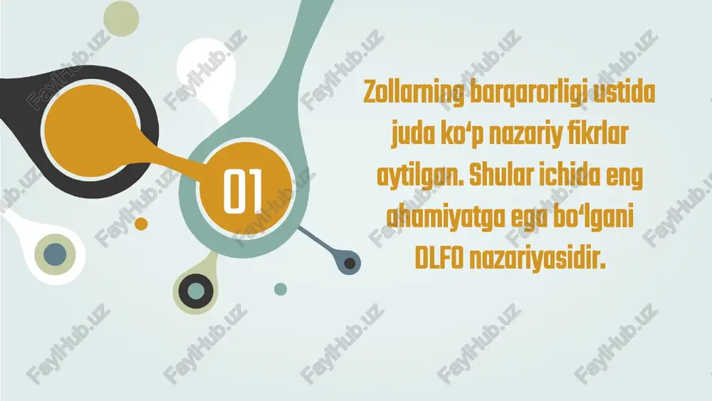 asmda “v” holat). 3) agar ikkinchi minimum katta bo‘lsa (o‘rtkt) va sezilarli darajada energetik barer bo‘lsa, b  (5  10) kt vaqtda zarrachalar uzoq masofadan turib bir-birlariga ta’sir ko‘rsatadilar. bu holda zarrachalar bir-birlaridan ajralib keta olmaydilar (ularni tortishish kuchlari ushlab turadi) va shu bilan birga ular bir-birlariga yaqinlasha ham olmaydilar bunga itarilish kuchlari yo‘l qo‘ymaydi. bunday hollarda strukturalangan sistemalar - gellar hosil bo‘ladi va zarrachalar orasida muhitning (suyuqlikni) ingichka bo‘lsa ham qavati qoladi. 03 agar zolning zarrachalari yuqori energetik potentsial barerga ega va diffuzion qavati yetarli darajada qalin bo‘lsa, u holda itarilish energiyasi molekulalararo tortilish kuchidan katta bo‘lib, yuqori energetik barer hosil bo‘ladi va zarrachalarning bir-biriga qo‘shilishiga qarshilik ko‘rsatadi. bir-biriga yaqin kelib qolgan zarrachalar yana bir-biridan uzoqlashadi. bunday sistemalar albatta agregativ barqaror sistemalar bo‘ladi bu masofada tortilish energiyasi itarilish energiyasidan ancha katta bo‘ladi. bunday hollarda energetik barer juda kichkina bo‘ladi va sistema agregativ beqaror bo‘ladi, shuning uchun ham zol …