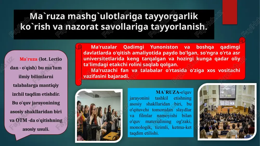 lublarini, ko'rgazmali vositalarni tanlash, muammoli masalalarni hal qilish usullarini aniqlash namoyish materiallarini tayyorlash va ularni darsda qanday ishlatish. nazariy qoidalarni aks ettiradigan yoki o'rganilayotgan qonunlar, hodisalar, jarayonlar va hokazolarning tez-tez namoyon bo'lish holatlarini namoyish etadigan misollarni tanlash. ma'ruza tayyorlashning xususiyatlari: amaliy mashg`ulotlarga tayyorgarlik ko`rish va uy ishlarini bajarish. amaliy mashg‘ulot – bu ta’lim beruvchini ta’lim oluvchilar bilan faol suhbatga kirishishiga yo‘naltirilgan, nazariy bilimlarni amaliy faoliyatda amalga oshirish uchun sharoitni ta’minlovchi, mashg‘ulotni o‘qitish shaklidir. ma’ruza materiallarini chuqurroq o‘zlashtirish, o‘rganilgan pdagogik ma’lumotlarni amalda qo‘llay olish malakasini shakllantirish maqsadida amaliy mashg‘ulotlar tashkil qilinadi. amaliy mashg‘ulotlarni tashkiliy shakllari deganda, ta’lim beruvchi va ta’lim oluvchilarning maxsus tashkil etilgan, belgilangan tartibda va muayyan rejimda o‘tadigan faoliyati tushuniladi. o‘qitishning u yoki bu tashkiliy shakli jamoaviy va yakka tartibda o‘qitishning har xil ko‘rinishda qo‘shib olib borilishi, o‘qitishda ta’lim oluvchilar mustaqilligining turli darajasi, ta’lim oluvchilarning o‘qishga o‘qituvchi rahbarligining har xil usullari bilan tavsiflanadi. o‘qitishni tashkil etish shakllarini tanlash ta’lim-tarbiyaviy …