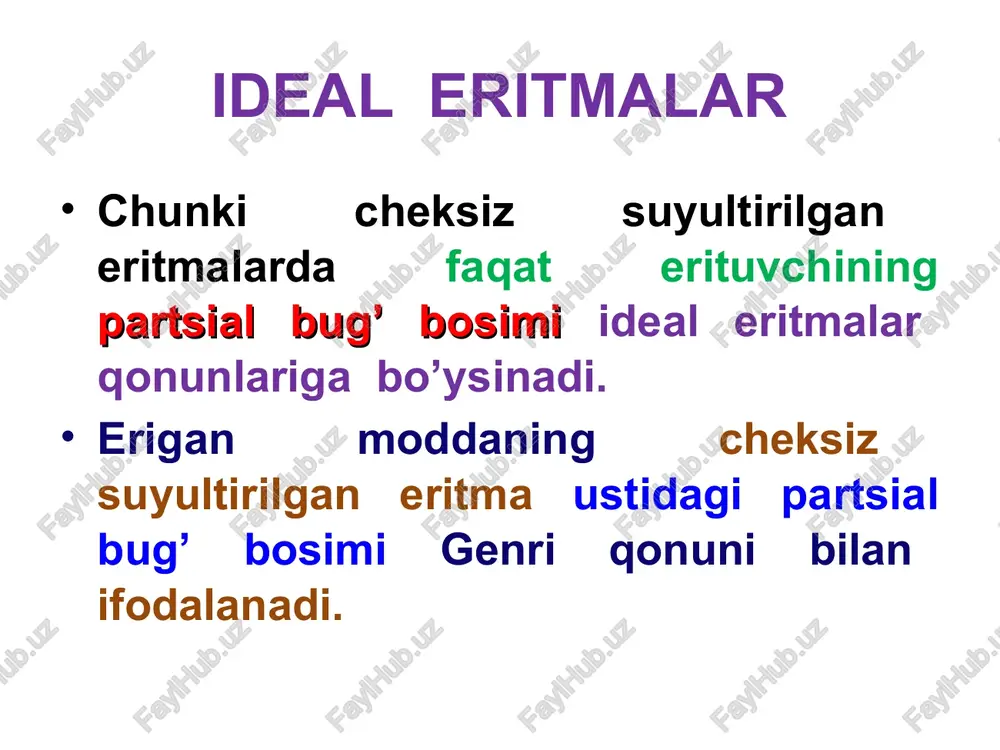 umumiy bosimida maksimum bo’lgan aralashmalarda (rasmlarda) x1<xa da bug’ uchuvchanligi kamroq bo’lgan 1–komponent bilan boyigan, u qo’shilganda umumiy bosim ortadi. xuddi shunday, keyingi rasmda x1<x1 da bug’ uchuvchanligi kamroq 2–komponent bilan boyigan. vrevskiy qonunlari. uchuvchan aralashma bilan muvozanatda bo’lgan bug’ning tarkibiga harorat ta’sirining asosiy qonuniyatlari vrevskiy qonunlari bilan ifodalanadi. vrevskiyning 1-qonuni: o’zgarmas tarkibli eritmaning harorati oshirilganda uning bug’i partsial molyar bug’lanish issiqligi katta bo’lgan komponent bilan boyiydi. vrevskiy qonunlari vrevskiyning 2-qonuni: agar binar sistema umumiy bosimning maksimumi bilan tavsiflansa, u holda harorat ko’tarilganda azeotrop aralashmada partsial molyar bug’lanish issiqligi katta bo’lgan komponentning kontsentratsiyasi ortadi vrevskiy qonunlari agar sistema umumiy bosimning minimumi bilan tavsiflansa, (qaynash haroratining maksimumi), u holda harorat ko’tarilganda azeotrop aralashmada partsial molyar bug’lanish issiqligi kichik bo’lgan komponentning kontsentratsiyasi ortadi xaydash deflegmator. 1 –sovutgichga ulanadigan nay; 2 –kolbaga ulanadigan nay; 3, 5, 6 –deflegmatorning shisha shar solingan kengaygan qismi; 4, 7, 8 –ortiqcha suyuqlik oqib tushishga mo’ljallangan naylar. xaydash …