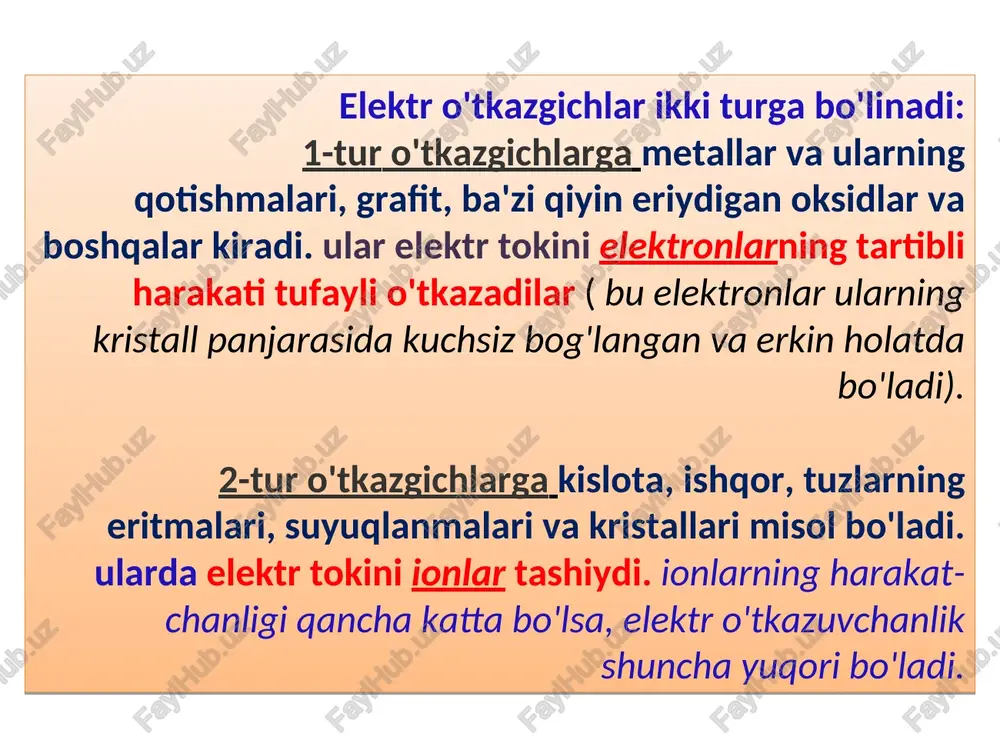 sabab bo'ladi. bu muhitning qovushqoqligini kamayishi, kuchsiz elektrolitlarda esa dissotsiyalanish darajasi ortishi sababli ruy beradi. shuning uchun elektr o'tkazuvchanlik termostatda aniqlanishi kerak. bosim o'zgarishi bilan solishtirma elektr o'tkazuvchanlik juda kam o'zgaradi. masalan: bosim 2000 atm. gacha o'zgarganda sirka kislotaning solishtirma elektr o'tkazuvchanligi 0,6% ga kamayadi. solishtirma elektr o'tkazuvchanlikning kontsen-tratsiyaga bog'liqligi grafik orqali ifodalanadi: masalan, grafikda kon va n2so4 larda max xosil bo'lishiga sabab birinchidan, n+ va on- ionlarining harakatchanligi yuqori; ikkinchidan elektrolit kontsentratsiyasi ortishi bilan hajm birligidagi ionlar soni ortib boradi va ular orasidagi elektrostatik tortishish kuchlari ortib, har bir ion o'z atrofiga qarama-qarshi zaryadli ionlarni tortadi va ion bulutlari xosil qiladi. natijada ionlarning tezligi pasayib ketadi va ham kamaya boshlaydi. kuchsiz elektrolitlarda (masalan, ch3cooh va licl) ionlar kontsentratsiyasi kichik bo'lganligi uchun ular orasidagi elektrostatik tortishish kuchlari sezilarsiz. ionlarning harakat tezligi kontsentratsiyaga deyarli bog'liq emas. ularning suyultirilgan eritmalarida α=1 va elektr o'tkazuvchanlik elektrolit kontsentratsiyasi ortishi bilan ma'lum miqdorda ortadi. kontsentrlangan …