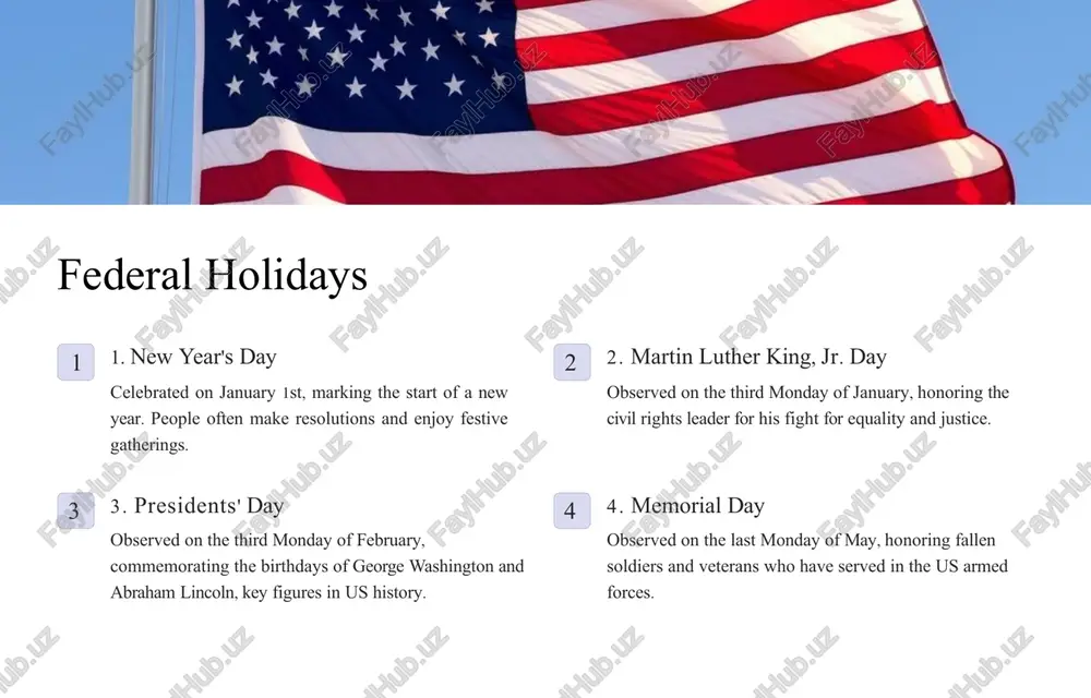 differences, holidays often bring people together, 3 celebrating shared values and unity. national identity they contribute to a sense of national identity, creating a shared experience that binds communities together. key takeaways 1 diverse celebrations holidays in the usa encompass a wide range of cultural, religious, and national celebrations. 2 family and community holidays foster family bonds, community spirit, and cultural understanding. 3 national identity celebrations contribute to a sense of national identity and shared experience. next steps 1 explore learn more about specific holidays that interest you. 2 celebrate participate in holiday events and traditions. 3 respect show appreciation for the diversity of celebrations. image1.jpeg image2.jpeg image3.jpeg image4.jpeg image5.jpeg