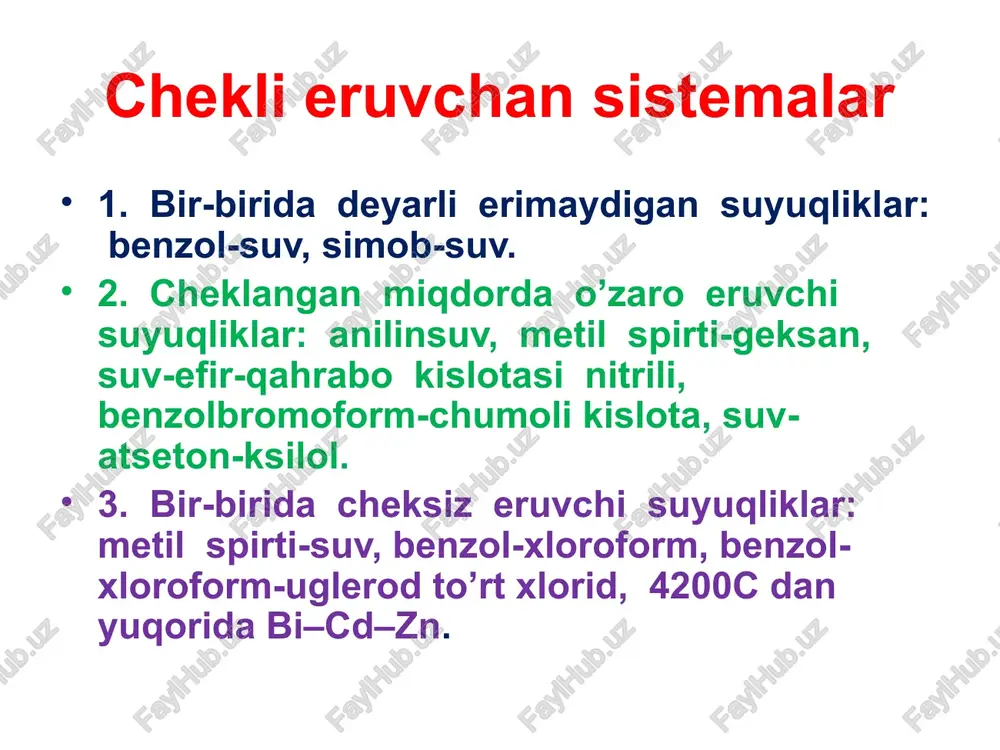 angan eriydigan suyuqliklar (trietilamin-suv, dietilamin-suv). bunday sistrmalar uchun haroratning pasayishi bilan komponentlarning o'zaro eruvchanligi ortadi. muvozanatli to'yingan eritmalarning konsentrasiyalariga mos keladigan nuqtalar haroratning pasayishi bilan bir-biriga yaqinlashadi va bir kritik nuqtaga birlashadi k. kritik erish harorati tcrh dan pastda, cheksiz eruvchanlik o'rnatiladi, ya'ni haroratning yanada pasayishi bilan komponentlar o'zaro cheksiz ravishda eriydi. 8 2 rasm. kritik erish harorati past bo'lgan kam eriydigan suyuqliklarning davlat diagrammasi 3. yuqori va pastki kritik erish haroratiga ega cheklangan eruvchan suyuqliklar (nikotin-suv, glitserin-guayakol) ushbu turdagi suyuqliklar t haroratda eng past o'zaro eruvchanlikka ega, keyin eruvchanlik haroratning oshishi va pasayishi bilan ham ortadi. ular ikkita kritik erish harorati bilan tavsiflanadi. tkrb dan yuqori va tkrh dan past bo'lgan komponentlar bir-birida cheksiz eriydi. 3-rasm. yuqori va pastki kritik erish haroratiga ega bo'lgan kam eriydigan suyuqliklarning holat diagrammasi 9 4. kritik erish haroratiga ega bo'lmagan kam eriydigan suyuqliklar (efir-suv) na quyi, na yuqori kritik erish haroratiga erishib bo'lmaydigan …