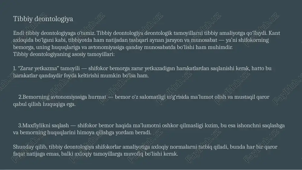 orilarni qabul qilganda anafilaksiya yoki teri toshmalari kabi allergik reaksiyalar paydo bo'lishi. immunologik reaksiyalar – immunitetni stimulyatsiya qiluvchi dorilar tufayli autoimmun kasalliklarning rivojlanishi, masalan. doza xatolari – dorilarning ortiqcha yoki kam miqdorda qabul qilinishi, bu esa toksiklikka yoki davolanishning samarasizligiga olib kelishi mumkin. yatrogen depressiya va tashvish buzilishlari – tibbiy aralashuv yoki dori vositalarining nojo'ya ta’sirlari tufayli paydo bo'ladigan psixologik muammolar. evtanaziya evtanaziya, yoki «yaxshi o'lim», zamonaviy falsafa va etikaning eng bahsli mavzularidan biridir. ushbu termin davolanishi mumkin bo'lmagan kasalliklardan yoki jiddiy og'riqlardan azob chekayotgan insonning hayotini tugatish uchun amalga oshiriladigan harakatlarni anglatadi, uning maqsadi esa bu insonni azob-uqubatlardan qutqarishdir. evtanaziyani turli falsafiy nuqtai nazardan, jumladan deontologiya, utilitarizm, inson huquqlari falsafasi va hayot sifatining konsepsiyasi, shuningdek, bu hodisaga ta'sir qiluvchi ijtimoiy va madaniy jihatlarni ko'rib chiqishga harakat qilamiz. etik nazariyalar va evtanaziya deontologiya deontologik etikaga ko'ra, faoliyat axloqiy majburiyatlar va burchlar asosida baholanadi. bu nuqtai nazardan, har qanday harakatni to'g'ri …