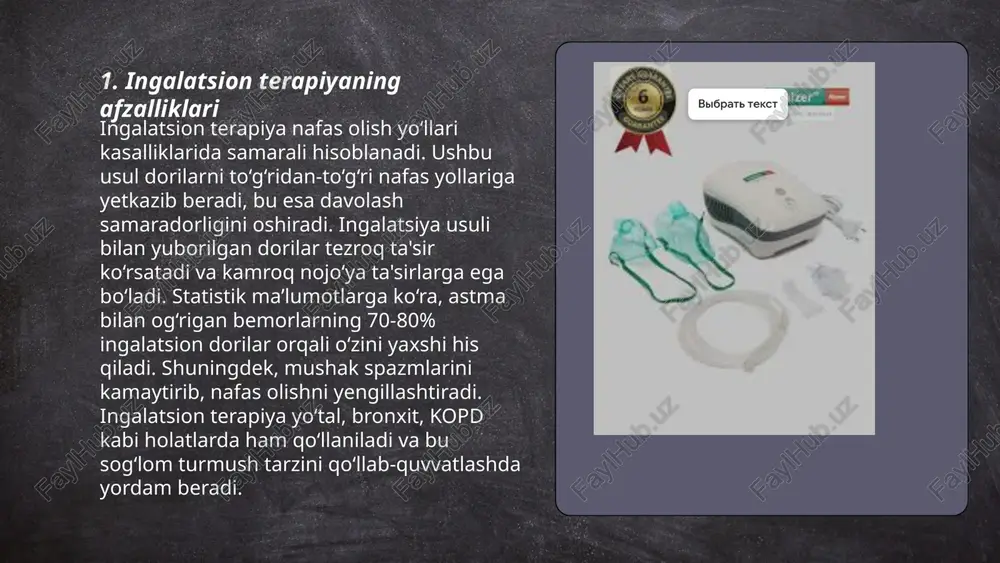n bo'lib, bu asosan atmosfeeradagi ifloslanish darajasiga bog'liq. inhalatsion dorilar bolalarga bronxlarni kengaytirish, nafas olishni yengillashtirish va balg'amni yupatishda yordam beradi. bir o'rta statistikaga ko'ra, har 10 boladan 1 nafari astma bilan kasallangan. inhalatorlar ishlatish davomida dozalarni yaxshiroq boshqarish uchun maxsus spacer qurilmalaridan foydalanish ham tavsiya etiladi, bu esa davolash samaradorligini oshiradi. ... t.me/slaydai_bot 7. allergik reaktsiyalarni oldini olish allergik reaktsiyalarni oldini olish uchun bir necha muhim qadamlar mavjud. birinchidan, allergiya testini o'tkazish orqali qaysi moddalar allergiya keltirib chiqarishini aniqlash kerak. ikkinchidan, allergiya chaqiruvchi moddalar bilan aloqani imkon qadar cheklash lozim. shuningdek, havoni filtrlash uchun hepa filtrlardan foydalanish va uy sharoitida changyutgichni muntazam ravishda ishlatish kerak. uy hayvonlari allergiyasi bo'lsa, ularni uyda saqlamaslik yoki aloqani cheklash muhim. tibbiy maslahatlarga amal qilib, mavsumiy allergiya uchun maxsus dori vositalarini qabul qilish ham foydali bo'lishi mumkin. ovqat allergiyasi bo'lganlar uchun esa ovqat tarkibini yaxshilab o'rganish kerak. ingalatsion usulda davolash shokirova shoira e'tiboringiz uchun …