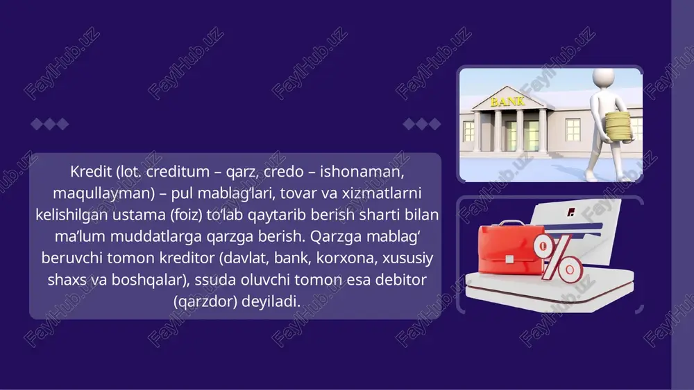 ladi. xalqaro kredit tovar yoki pul (valyuta) shaklida beriladi. kreditor va qarz oluvchilar banklar, xususiy firmalar, davlat, xalqaro va mintaqaviy tashkilotlar hisoblanadi. e'tiboringiz uchun rahmat ! image1.png image2.png image3.png image4.png image5.png image6.png image7.png image8.png image9.png image10.png image11.png image12.png image13.png image14.png image15.png ay suite nt ain ko 2den - 50 milion so'mgachs wo | mine
