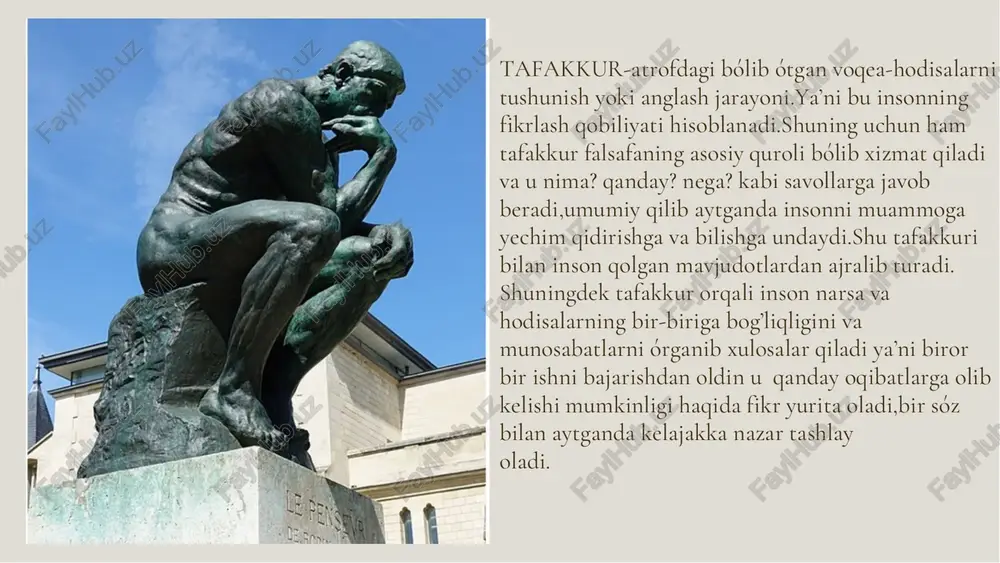y diniy-falsafiy matnlar hisoblanadi. “veda” atamasi “bilim” degan ma’noni anglatadi. undagi asosiy g‘oyalar tabiat kuchlari va xudolar, inson hamda koinot o‘rtasidagi uzviy bog‘liqlikni ifodalaydi. upanishadlar: bu falsafa vedaning oxiri hisoblanib, uning ichki mohiyatini ochib beradi va sharhlaydi. asosiy g‘oyasi — insonning ichki ruhiyatini, o‘zini anglashini va poklanishini yoritishga bag‘ishlangan. buddaviy falsafa: miloddan avvalgi vi asrda siddharta gautama tomonidan asos solingan. uning asosiy g‘oyasi: “hayot azobdan iborat, undan qutulishning chorasi istakni yo‘q qilishdir.” xitoy falsafasi qadimgi xitoy tafakkuri qadimdan amaliy hayot, axloq, jamiyatkabiva tabiat bilan uyg‘unlik masalalariga yo‘naltirilgan. uning asosiy oqimlari konfutsiychilik va daosizm, shuningdek lao-szi ta’limoti bo‘lib, ular sharq falsafasiga katta ta’sir ko‘rsatgan. ▪konfutsiylik:bu falsafaning asosiy gʻoyasi jamiyatdagi tartib,axloqiylik va insoniy fazilatlar orqali uygʻunlikka erishish hisoblanadi.bu ta’limot koʻproq axloqiy va siyosiy tartibni mustahkamlashga qaratilgan lao-szi falsafasi:bu falsafaning asosiy gʻoyasi esa tabiatga qarshi chiqmasdan,u bilan uygʻunlikda yashash hisoblanadi lao-szining fikricha ortiqcha qonun va qoidalar insonni zoʻriqtiradi va inson hayotda ichki sokinlik …