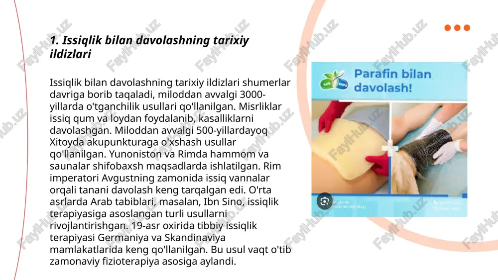 ‘ida bo‘ladi. terapiya vaqtida 15-20 daqiqa davomida iliqlik ta’sir ko‘rsatishi yetarli. buning natijasida qon aylanishi yaxshilanadi va mushaklarning bo‘shashishi ta’minlanadi, bu esa davolanish jarayonini samaraliroq qiladi. ... t.me/slaydai_bot termoterapiyada qo'llaniladigan jihozlar orasida issiqlik yostig'i, infraqizil lampalar, issiqlik kamar va elektr blanketlar mavjud. issiqlik yostig'i mahalliy og'riqlarni kamaytirish uchun ishlatiladi. infraqizil lampalar uzoq to'lqinli nurlanish orqali to'qimalarni chuqurroq qizdiradi, bu qon aylanishini yaxshilaydi. issiqlik kamarlar esa bel va qorin sohalarida issiqlikni saqlab, mushaklarning bo'shashishiga yordam beradi. elektr blanketlar katta hududlarni isitish uchun qulay variant sanaladi. barcha jihozlar haroratni nazorat qilish uchun turli darajadagi sozlamalar bilan ta'minlangan bo'lishi mumkin, bu esa foydalanuvchiga xavfsiz va samarali foydalanishni kafolatlaydi. ... t.me/slaydai_bot 7. issiqlik terapiyasi va qon aylanishi issiqlik terapiyasi qon aylanishini yaxshilashda muhim rol o'ynaydi. issiqlik ta'siri tufayli qon tomirlari kengayadi, bu esa qon oqimini oshiradi. bu usul mushaklarning gevshashiga yordam beradi va og'riqlarni kamaytiradi. issiqlik terapiyasi, masalan, issiq suvli kompresslar yoki issiq vannalar …