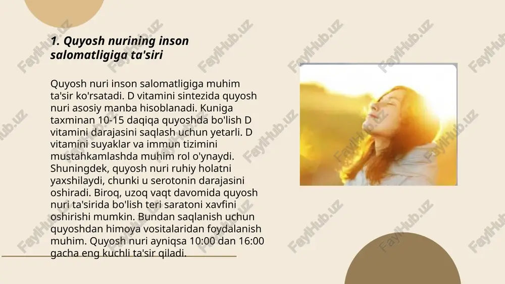 sariqlik kuzatiladi va fototerapiya ularning 80-90 foizida samarali bo'ladi. terapiya sessiyalari odatda qariyb 24-48 soat davom etadi. fototerapiya xavfsiz bo'lib, eng kam nojo'ya ta'sirlar bilan namoyon bo'ladi, shu sababdan chaqaloqlar uchun tavsiya etiladi. ... t.me/slaydai_bot 7. psoriazni quyosh bilan davolash psoriazni quyosh bilan davolash, ya'ni fototerapiya, ultrabinafsha (uv) nurlaridan foydalanishni o'z ichiga oladi. uvb nurlari 290-320 nanometr to'lqin uzunligidagi nur bo'lib, teri hujayralari o'sishini sekinlashtirishga yordam beradi. tadqiqotlar shuni ko'rsatadiki, haftasiga 2-3 marta 10-15 daqiqa davomida quyoshda bo'lish psoriaz simptomlarini kamaytirishi mumkin. fototerapiya klinika sharoitida ham amalga oshiriladi, bunda bir kurs davolash uchun 20-30 seans talab qilinishi mumkin. shifokor nazorati muhim, chunki haddan tashqari uv nurlar teri saratoni xavfini oshirishi mumkin. yuqori sifatli natijalar uchun individual davolash rejasi muhim hisoblanadi. ... t.me/slaydai_bot quyosh tomonidan melatonin ishlab chiqarilishi asosan kun davomida yorug'lik ta'sirida pasayadi. melatonin, asosan, qorong'uda ishlab chiqariladi va tunda eng yuqori darajaga yetadi. quyosh nuri tana ichida melatonin ishlab …