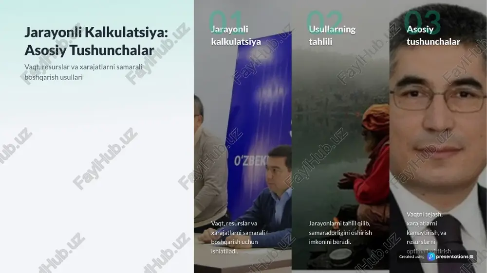0 kritik yo'l usuli (cpm) loyihaning eng muhim bosgichlarini aniqlashda yordam beradi. created using :)) presentati kritik yo'lni aniqlash loyihaning eng muhim vaqti talab qiladigan yoltini aniqlash. y, vaqtni samarali boshqarish resurs va vaqtni optimal ravishda taqsimlash orgali loyihani boshqarish. (es, loyihani tezlashti loyihaning amalga oshirish muddatini gisqartirish uchun takliflar. s,, kechikishlarni oldini olish kutilmagan to'siglar va kechikishlarni minimallashtirish strategiyalari. xulosa: jarayonli kalkulatstyaning roll ta'lim sohasida samaradorlikni oshirishda jarayonli kalkulatsiya ta'lim sifatining oshishi ta'lim sifatini oshirish uchun yangi imkoniyatlar yaratadi. i yondashuvlar innovatsion yondashuvlarni amalga oshirish uchun imkoniyatlar taqdim etadi.