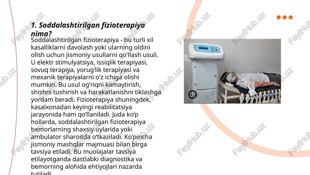 usulning o‘ziga xosligi va amaliyotdagi samarasini aniqlash uchun individual tahlil muhim hisoblanadi. ... t.me/slaydai_bot elektromagnit stimulyatsiya qarshi ko‘rsatmalar va ehtiyot choralariga rioya etish sharti bilan klinik va estetik sohalarda keng qo‘llaniladi. tibbiyotda bu usul ko‘proq mushaklarni tiklash, reabilitatsiya va og‘riqni kamaytirishda yordam beradi. elektromagnit impulslar orqali hujayralar faolligini oshirib, qon aylanishini yaxshilaydi. usul, ayniqsa, mushaklar atrofiyaga uchragan bemorlar uchun samaralidir. bundan tashqari, kosmetologiyada terining elastikligini oshirish va yog‘ qatlamlarini qisqartirish maqsadida qo‘llaniladi. tadqiqotlar ko‘ra, bu usul 12-14 foizgacha mushak massasini oshirishi mumkin. elektromagnit stimulyatsiya amaliyoti odatda 15-30 daqiqa davom etadi. soddalashtrilgan an fizaterapiya muolajalari va maqsad. anvarova sayyora e'tiboringiz uchun raxmat! image1.png image2.png image3.png image4.jpeg image5.png image6.jpeg /docprops/thumbnail.jpeg soddalashtrilganan fizioterapiya muolajalari ‘vamaasad.