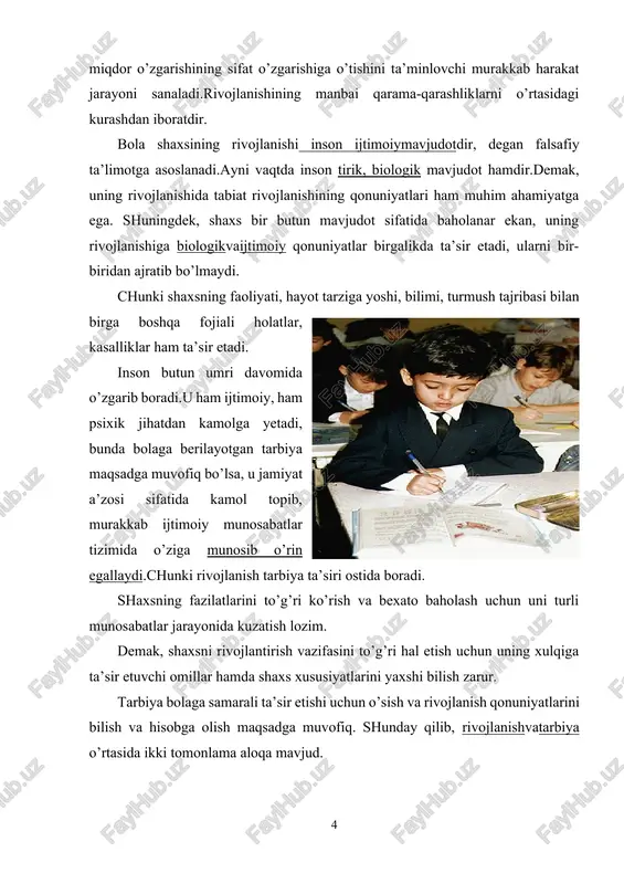 omillarning ta’siri o’rtasidagi munosabatni belgilashga oid munozara ko’pdan buyon davom etmoqda. insonning shaxs sifatida rivojlanishiga ijtimoiy voqealar, tabiiy omillar yoki tarbiya ta’sir etadimi?bu uch omilning o’zaro munosabati qanday? fanda biologik yo’nalish deb nomlangan nuqtai nazar yetakchi o’rinlardan birini egallab, uning vakillari aristotel, platonlar tabiiy-biologik omillarni yuqori qo’yadi.ular tug’ma imkoniyatlar, taqdir, tole har kimning hayotdagi o’rnini belgilab bergan, deydilar. xvi asr falsafasida vujudga kelgan preformizm oqimi namoyandalari esa shaxs rivojlanishidagi naslning roliga katta baho berib, ijtimoiy muhit va tarbiyaning rolini inkor etadi. xorij psixologiyasidagi yana bir oqim – bixeviorizm xx asr boshlarida yuzaga kelgan bo’lib, uning namoyandalari, ong va aqliy qobiliyat nasldan-naslga o’tib, insonga u tabiatan berilgan, deyiladi. mazkur ta’limot vakili amerikalik olim e.torndaykdir. progmatizm oqimiva uning vakillari d.d’yul, a.kombe ham shaxs rivojlanishini biologik nuqtai nazarda asoslaydilar. ular rivojlanishni fahat miqdoriy o’zgarishdan iborat, deb qaraydilar.naslning rolini absolyutlashtirib, uni inson taqdirida hal qiluvchi ahamiyatga ega deb biladilar. demak, bir guruh xorijiy olimlar …