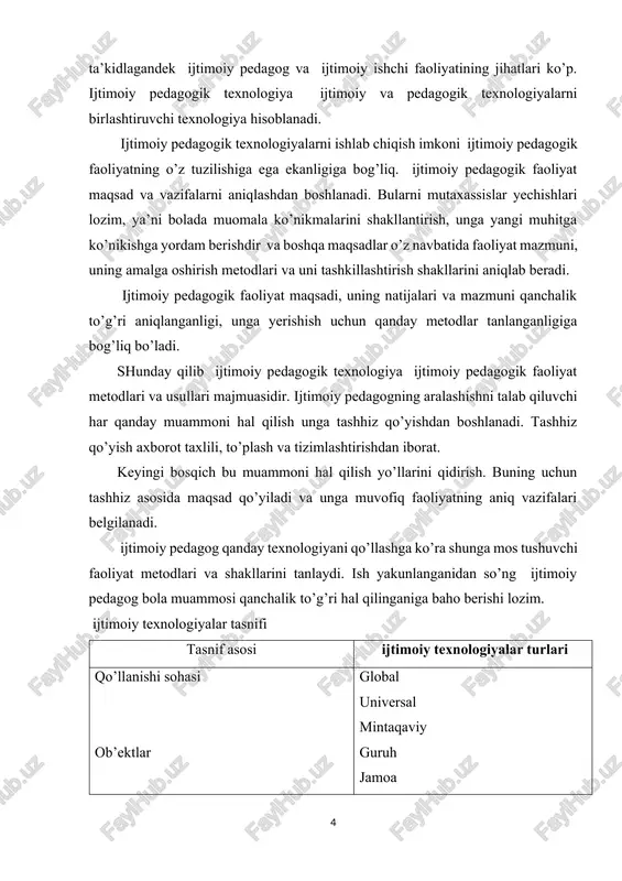 di. ish yakunlanganidan so’ng ijtimoiy pedagog bola muammosi qanchalik to’g’ri hal qilinganiga baho berishi lozim. ijtimoiy texnologiyalar tasnifi tasnif asosi ijtimoiy texnologiyalar turlari 1. qo’llanishi sohasi 1. ob’ektlar 1. hal qilinayotgan vazifalar xarakteri 1. metodlarni o’zlashtirish sohasi 1. ijtimoiy ish yo’nalishlari global universal mintaqaviy guruh jamoa individual tashkiliy informatsion innovatsion ijtimoiy modellashtirish ijtimoiy bashorat berish sitsial-tibbiy ijtimoiypsixologik ijtimoiy pedagogik ijtimoiy pedagogik profilaktika ijtimoiy pedagogik qo’llab-quvvatlash ijtimoiy rivojlanishi vaziyatini ijtimoiy pedagogik to’g’irlash bolalikni ijtimoiy himoyasi bolalar va o’smirlarning ijtimoiy pedagogik reabilitatsiyasi ijtimoiy tashhiz qo’yish ijtimoiyprofilaktika ijtimoiynazorat ijtimoiyreabilitatsiya ijtimoiyadaptatsiya ijtimoiypatronaj ijtimoiyta’minot ijtimoiyterapiya ijtimoiymaslahat berish ijtimoiy pedagogik texnologiyasini qo’llashning misoli sifatida muammoni o’smir bilan ishlash texnologiyasini keltirsak bo’ladi. maslahatga tayyorgarlik aloqa o’rnatish vaziyatni o’rganish maqsad qo’yish hal qilishni izlash xulosa professional pozitsiyani ishlab chiqish, ichki diolog-konsultatsiyaga ko’ndirish, o’smirlar bilan ishlayotgan psixologlar talablarini tahlil qilish ishonchli munosabat, qo’llab-quvvatlash, in’iko, sinonim savollar, rezyume (umumlashtirilgan savol), mavzuni o’zgartirish, o’zgaruvchan savollar, mijoz hissiyotlarini tushunish, mijoz va psixolog …