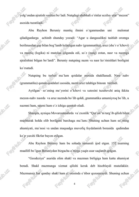 ri) bilan qiyos qilinsa ularda (ma`lum) ma`no topiladi yoki u inkor qilinadi”. “xullas, yaxshi nutq tuzish uchun nahv, aruz mantiq fanlari hamkorligidan foydalinishi zarur bo`ladi. ularning birortasiga ahamiyat bermaslik, bulardan birining qoidasining buzilishi, qolgan ikkitasiga ta`sir qilmay iloji yo`q”. olim o`z fikrlarini davom ettirib, har qanday tilning o`z grammatik qurilishi, grammatikasi, o`z tartib-qoidalari bo`lishi, bu qoidalarning shu tilda tuzilgan nutq uchun ahamiyati beqiyosligi aytib, bu qoidalar boshqa tillar uchun nozarur bo`lishi mumkin deydi. ammo olim har bir tilning afzalligi o`sha tilda so`zlovchilar uchun zarurdir deb hisoblaydi. beruniy balog’a san`atini arab tiliga xosligi haqida gapirib, bunday nutq texnikasi arablar uchun fazilat ekanligini bayon etadi. chunki arab tilida balog’a (notiqlik) ning mavjudligi qur`on targ’ibotida arab nutqining ziynati sanaladi. notiqlik san`atidan foydalangan kishining yuqori mansabga erishuvi va boshqa bir kishining kambag’allikka yashashiga balog’a aybdor emas deb aytadi. boshqa tillarda balog’ani egallaganlarning obru topmasliklariga sabab, balki balog’aning arablar tilidan boshqa tillarga ko`chirishda bozor yurishmaganidir, …
