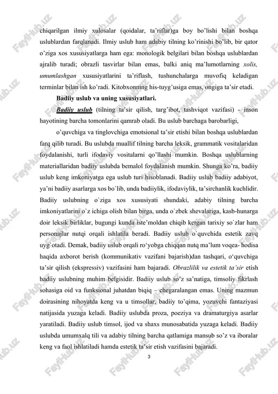eladi. badiiy uslubda proza, poeziya va dramaturgiya asarlar yaratiladi. badiiy uslub timsol, ijod va shaxs munosabatida yuzaga keladi. badiiy uslubda umumxalq tili va adabiy tilning barcha qatlamiga mansub so’z va iboralar keng va faol ishlatiladi hamda estetik ta’sir etish vazifasini bajaradi. badiiy adabiyot tili yoki badiiy uslub adabiy tilda alohida o‘rin tutadi. badiiy uslubda xalq tilidagi hamma vositalardan erkin foydalaniladi. badiiy uslubning asosiy belgilari: 1. turli tasviriy vositalar, chunonchi, sifatlash, qiyoslash, mubolag‘a, kinoya, o‘xshatish va hokazolar qo‘llanadi: bulutning orasidan quyosh kulib qaraydi, majnuntolning yuvilgan sochlarini taraydi (e. vohidov). shoir bu misralarda badiiy tasvirning jonlantirish usulidan foydalanib, insonga xos kulish (kulib qaraydi), tarash (sochlarini taraydi) harakatlarini quyoshga nisbatan ishlatadi. 2. til vositalaridan erkin foydalaniladi. badiiy asarlarda adabiy tilga xos til birliklari, shuningdek, adabiy tildan tashqarida bo‘lgan sheva, oddiy nutq, jargon kabilarga xos so‘zlar bo‘lishi ham mumkin. bu uslubda muallifning o‘z bayoni adabiy til me’yorlarida bo‘ladi. ammo asarda ishtirok etuvchilarning nutqida ularning …