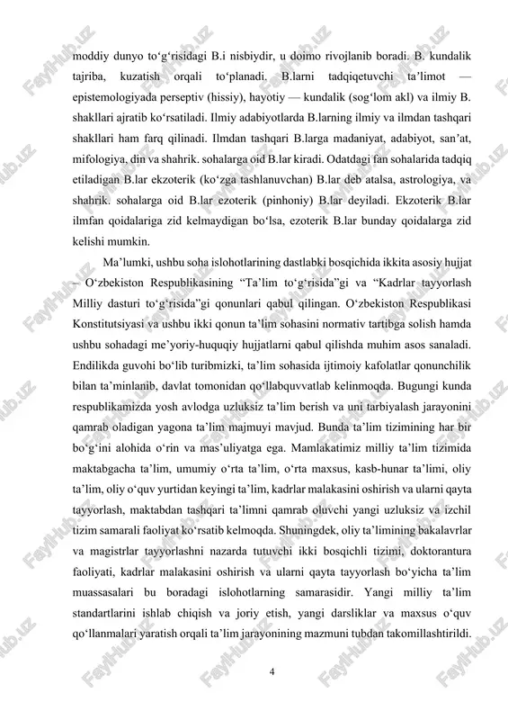 erish va uni tarbiyalash jarayonini qamrab oladigan yagona ta’lim majmuyi mavjud. bunda ta’lim tizimining har bir bo‘g‘ini alohida o‘rin va mas’uliyatga ega. mamlakatimiz milliy ta’lim tizimida maktabgacha ta’lim, umumiy o‘rta ta’lim, o‘rta maxsus, kasb-hunar ta’limi, oliy ta’lim, oliy o‘quv yurtidan keyingi ta’lim, kadrlar malakasini oshirish va ularni qayta tayyorlash, maktabdan tashqari ta’limni qamrab oluvchi yangi uzluksiz va izchil tizim samarali faoliyat ko‘rsatib kelmoqda. shuningdek, oliy ta’limining bakalavrlar va magistrlar tayyorlashni nazarda tutuvchi ikki bosqichli tizimi, doktorantura faoliyati, kadrlar malakasini oshirish va ularni qayta tayyorlash bo‘yicha ta’lim muassasalari bu boradagi islohotlarning samarasidir. yangi milliy ta’lim standartlarini ishlab chiqish va joriy etish, yangi darsliklar va maxsus o‘quv qo‘llanmalari yaratish orqali ta’lim jarayonining mazmuni tubdan takomillashtirildi. ma’lumki, ushbu soha islohotlarining dastlabki bosqichida ikkita asosiy hujjat – o‘zbekiston respublikasining “ta’lim to‘g‘risida”gi va “kadrlar tayyorlash milliy dasturi to‘g‘risida”gi qonunlari qabul qilingan. o‘zbekiston respublikasi konstitutsiyasi va ushbu ikki qonun ta’lim sohasini normativ tartibga solish hamda ushbu …