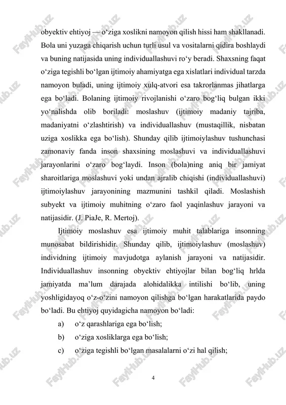 on uch asosiy sohada amalga oshadi: 1.faoliyat turlarining kengayishi, uning shakl va vositalarini qo‘lga kiritish, erkin mo‘ljal olish. 2. muloqot doirasini kengaytirish, uning mazmunini chuqurlashtirish, xulq-atvor meyorlarini o‘zlashtirish. 3. shaxsiy "men” obrazini faoliyatning faol ishtirokchisi sifatida shakllantirish, uz ijtimoiy mansubligi va o‘rnini anglash, o‘ziga baho berishni shakllantirish. ijtimoiylashuv vositalari. inson ijtimoiylashuvi u yoki bu jamiyat ijtimoiy qatlamlariga xos bulgan universal vositalar orqali amalga oshiriladi. ularga quyidagilar kiradi: go‘dakni emizish va g‘amxo‘rlik qilish usullari, maishiy va gigiyenik yurish-turish qoidalari, insonni o‘rab turuvchi moddiy madaniyat mahsulotlari, ma’naviy madaniyat unsurlari (alladan boshlab ertaklargacha), muomala usuli va mazmuni, oilada jazolash va mukofotlash uslublari, insonning qayotiy faoliyatidagi ko‘p sonli munosabatlari: muloqot, o‘yinlar, ma’naviy-amaliy faoliyat, sport bilan shug‘ullanish. har bir jamiyat, davlat, ijtimoiy guruh ijobiy va salbiy, rasmiy va norasmiy qarorlar, ta’qiqlashlar, ruxsat berish, majburlash kabi chora-tadbirlarni ishlab chiqadi. bu choralar yordamida inson xulq-atvori shu jamiyatda qabul qilingan meyoriy qadriyatlarga moslashtiriladi. bola ijtimoiylashuvining yetakchi vositalari: muloqot …