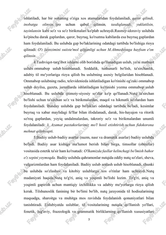 bilan birga, timsollar (obrazlar) vositasida estetik ta'sir ham ko'rsatadi: o'lkamizda fasllar kelinchagi bo'lmish bahor o'z sepini yoymoqda. badiiy uslubda qahramonlar nutqida oddiy nutq so'zlari, sheva, vulgarizmlardan ham foydalaniladi. badiiy uslub aralash uslub hisoblanadi, chunki bu uslubda so'zlashuv va kitobiy uslublarga xos o'rinlar ham uchraydi.nutq madaniyati haqida.nutq to'g'ri, aniq va yoqimli bo'lishi lozim. to'g'ri, aniq va yoqimli gapirish uchun mantiqiy izchillikka va adabiy me'yorlarga rioya qilish kerak. tilshunoslik fanining bir bo'limi bo'lib, nutq jarayonida til hodisalarining maqsadga, sharoitga va muhitga mos ravishda foydalanish qonuniyatlari bilan tanishtiradi. uslubiyatda uslublar, til vositalarining nutqda qo'llanish yo'llari, fonetik, lug'aviy, frazeologik va grammatik birliklarning qo'llanish xususiyatlari o'rganiladi.so'zlashuv uslubi - bir so'z uslubi, odamlar o'rtasida to'g'ridan-to'g'ri muloqot qilish uchun xizmat qiladi. uning asosiy vazifasi - kommunikativ (axborot almashinuvi). so'zlashuv uslubi nafaqat taqdim etiladi so'zlashadigan tilda, balki yozma ravishda - maktublar, eslatma shaklida. dialoglar polylog - lekin asosan bu uslub nutq ishlatiladi. bu tayyor emas so'z osonlik bilan …