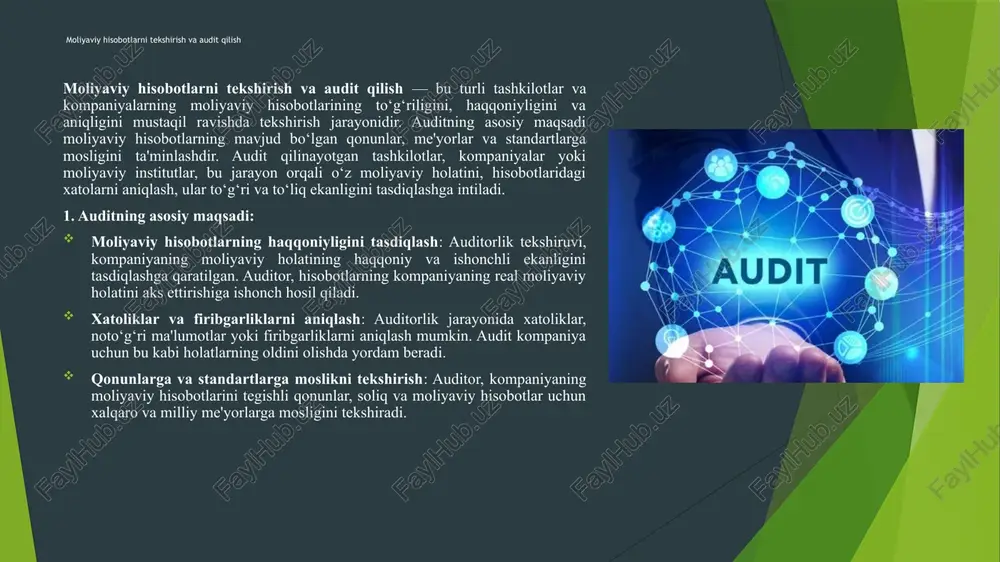 zligini va ularning to‘g‘riligini aniqlaydi. 4. auditorlikning foydalari moliyaviy xatoliklarni aniqlash: audit kompaniyadagi moliyaviy xatoliklarni aniqlashga yordam beradi va ularning oldini olishga imkon yaratadi. ishonchli moliyaviy hisobotlar: audit orqali kompaniya o‘z moliyaviy hisobotlarini yanada ishonchli qiladi, bu esa investorlar, kreditorlar va boshqa manfaatdor tomonlar uchun muhimdir. xavfni kamaytirish: auditorlik tekshiruvi moliyaviy firibgarlik yoki xatoliklar xavfini kamaytiradi, chunki audit tashkilotning moliyaviy operatsiyalarini diqqat bilan ko‘rib chiqadi. strategik qarorlar uchun asos: auditorlik xulosalari kompaniyaning strategik qarorlarini qabul qilishda yordam beradi. auditorlik xulosalari asosida kompaniya o‘z moliyaviy rejalarini va siyosatini yangilashi mumkin. moliyaviy hisobotlarni tekshirish va audit qilish tashkilotlar uchun muhim jarayon bo‘lib, u moliyaviy operatsiyalarni nazorat qilish, xatoliklar va firibgarliklarni aniqlash, shuningdek, moliyaviy hisobotlarning haqqoniyligini tasdiqlashda muhim ahamiyatga ega. audit tashkilotga moliyaviy holatini yaxshilash, soliq qonunlariga rioya qilish, ichki nazorat tizimlarini optimallashtirish va uzoq muddatli muvaffaqiyatga erishishda yordam beradi. shuningdek, auditorlik xulosalari kompaniya boshqaruviga ishonch hosil qilish imkonini yaratadi va manfaatdor tomonlar …
