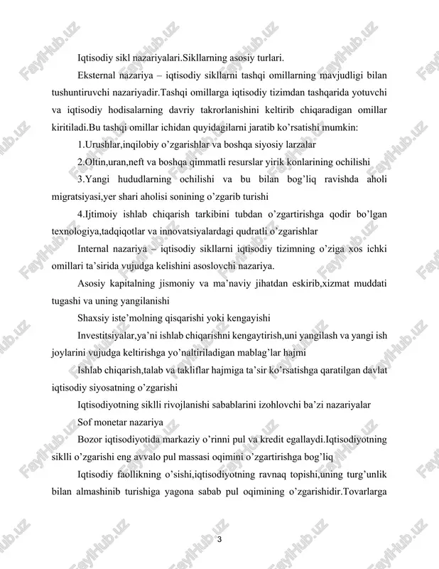 ladi pul oqimi (iste’mol xarajatlari summasi) pul miqdorining o’zgarishi natijasida o’zgaradi.pul miqdorining kamayishi iqtisodiy faoliyat faolligini pasaytiradi. nomonetar nazariya monetar va nomonetar yo’nalish o’rtasidagi farq uncha katta emas,biri ikkinchisini to’ldiradi.tarafdorlari texnologik o’zgarishlar,yangiliklar,ixtirolarning ahamiyatini alohida ta’kidlab,pul jamg’arishning ko’payib ketishidagi rolini ko’rsatishadi. har ikkala nazariya ham oxir-oqibat iqtisodiy faollikning kuchayishiga iste’mol emas,balki investitsiya sabab bo’ladi,degan fikrni ilgari surishadi yetarlicha iste’mol qilmaslik nazariyasi bu nazariyaning mohiyati ko’proq jamg’arib,samarali darajada iste’mol qilmaslik jamiyatni siklli rivojlanishining sababi qilib ko’rsatiladi: mablag’ni jamg’arish,boshqacha aytganda xazinaga aylantirish turg’unlikka olib kelishi mumkin,chunki bu mablag’ investitsiyalash uchun foydalanilmaydi pulni jamg’arish iste’mol tovarlariga talabning qisqarishiga olib keladi,chunki u iste’molga sarflanmaydi natijada investitsiyaga nisbatan pul shaklidagi jamg’arish hajmi o’sib borib,iste’mol tovarlariga talab kamayib boradi,taklif esa ortadi,narx pasayadi,iste’mol tovarlari bozoridagi qiyinchiliklar inqirozga olib keladi. psixologik nazariya psixologik nazariya tarafdorlari:j.keyns,u.mitchell,f.xayek va boshqalar.ularning fikricha,insondagi optimizm va pessimizm faoliyat aktivligiga obyektiv iqtisodiy omillar:foiz me’yori,pul oqimi,foyda va boshqalar ta’sir ko’rsatib,buning natijasida ishlab chiqarishning qisqarishi yoki kengayishi ro’y …