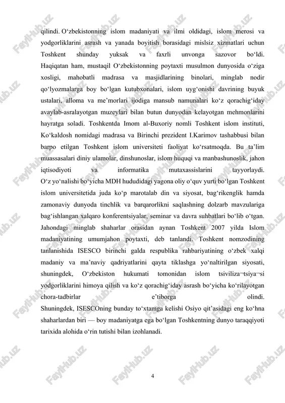 ngdek, o‘zbekiston hukumati tomonidan islom tsiviliza¬tsiya¬si yodgorliklarini himoya qilish va ko‘z qorachig‘iday asrash bo‘yicha ko‘rilayotgan chora-tadbirlar e’tiborga olindi. shuningdek, isesconing bunday to‘xtamga kelishi osiyo qit’asidagi eng ko‘hna shaharlardan biri — boy madaniyatga ega bo‘lgan toshkentning dunyo taraqqiyoti tarixida alohida o‘rin tutishi bilan izohlanadi. toshkent shahri “islom madaniyati poytaxti” deb e’lon qilinganligi munosabati bilan o‘tkaziladigan tadbirlar to‘g‘risida ta’lim, fan va madaniyat masalalari bo‘yicha islom tashkiloti — aysesko (isesco) tomonidan toshkent shahri “islom madaniyati poytaxti” deb e’lon qilinganligi munosabati bilan o‘zbekiston respublikasi prezidentining 2007-yil 3-mart kunidagi topshirig‘i ijrosini ta’minlash, tashkiliy-amaliy, madaniy-ma’rifiy tadbirlar hamda targ‘ibot-tashviqot ishlarini amalga oshirish, mamlakatimiz, xususan poytaxtimizning dunyo sivilizatsiyasi, islom fani va madaniyati rivojiga qo‘shgan ulkan hissasi, yurtimizdagi ko‘lamli tarixiy o‘zgarishlarni xalqimiz va jahon jamoatchiligi o‘rtasida keng targ‘ib etish, vatandoshlarimiz, ayniqsa yosh avlod qalbi va ongiga vatanga muhabbat va sadoqat tuyg‘usini yanada chuqurroq singdirish maqsadida vazirlar mahkamasi qaror qiladi: 1. toshkent shahri “islom madaniyati poytaxti” deb e’lon qilinganligi munosabati …