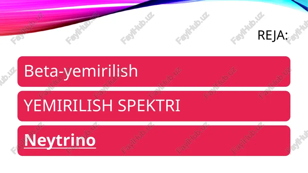 aqsimlanadi, elektronga esa, sharoitga qarab, shu energiyaning har xil ulushi toʻgʻri keladi. shunday qilib, beta-yemirilishda p*rqe emas, balki p—>rqeqlskuzatiladi, bundar—proton, "—neytron, x— neytral zarra. e. fermi bu zarrani "neytrino" deb atadi. bu italyancha "neytroncha" demakdir. hozir bu zarra "antineytrino" deyiladi. proton parchalanishida paydo boʻlgan zarra "neytrino" deb yuritiladi. formulada v—neytrino. neytrino va antineytrinoning tinch holatda massasi boʻlmaydi • elektron va antineytrino energiyalarining yigʻindisi neytron va proton massasining ayirmasidan iboratdir, lekin elektron energiyasi miqdori har xil boʻlishi mumkin, chunki har bir yemirilishda energiya har xil miqdorda taqsimlanadi. ikki elektron chiqarish bilan (a, z) yadro (a, zq2) yadroga aylansa, qoʻsh beta-yemirilish sodir boʻladi. bunda v va v (neytrino va antineytrino) ayniy yoki ayniy emasligiga qarab beta-yemirilish ikki xil sxemaga ega boʻladi (qarang radioaktivlik • (italyancha: neutrino — neytroncha) — elektr zaryadi nolga, spini 1/2 ga va tinch holatdagi massasi nolga yaqin boʻlgan elementar zarra (v). lep-tonlar guruhiga kiradi. elektron neytrinosi (ve) va …
