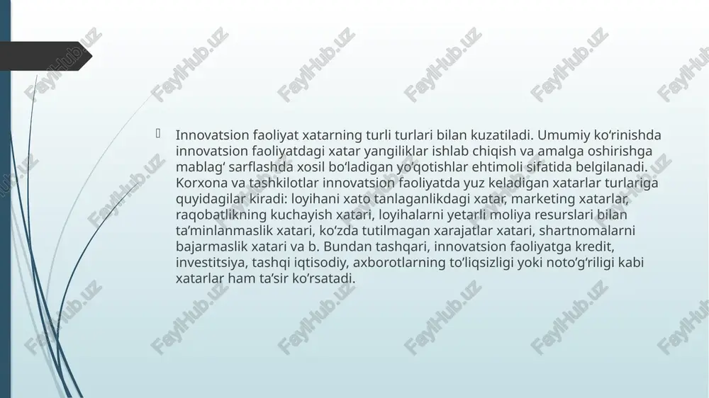 lashga imkon beradigan alohida koyeffitsientlar hisob kitobiga asoslanadigan multiplikativ usuli; normativ usul; innovatsion korxona xatarini kompyuter modeli usuli; reyting usuli. ushbu usullar bo‘yicha u yoki bu darajada xatarning miqdoriy darajasi baholanadi. xatar darajasining aniq bahosi qator usullarni qullashda oshadi, va u bo‘yicha hisob kitoblar natijasi mutaxassislarning tajribaviy tahlilini talab etadi. innovatsion korxonalar faoliyatidagi ko’tarilgan xatarlardan himoyalanish shakliga xatarni chetlab o’tish (ya’ni yirik xatar bilan ochiq bog‘liq bo‘lgan qarorlardan ortga chekinish), xatarni ushlab turish (xatarni investor ortidan qoldirish), xatarni boshqa tashkilotga o’tkazish (masalan, sug‘urta korxonalariga), xatar darajasini kamaytirish (minimallashtirish), yuqotishlar ehtimolini kamaytirish va hajmini qisqartirish. innovatsion faoliyatda xatarni kamaytirish, uni minimallashtirish yo‘lini aniq taqdim etish muhim. boshqaruv va analitik amaliyotda xatarni kamaytirishning turli yo‘llarini topishadi. ulardan eng samaralisi – bu boshqaruv qarorining, ayniqsa innovatsion–investitsiyali qarori (loyihaning) tajribali va savodli tashlash. qo’shimcha axborotga ega bo‘lish nisbatan yangi yo‘l hisoblanadi, yanayam to’liq axborot aniq aytish va xatarni kamaytirish imkonini beradi. xatarni kamaytirish yo‘llaridan …