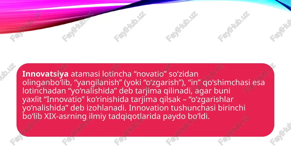 tsiya - bu kompaniyaning boshqa sohalarida fan, madaniyat, ta'lim sohasidagi sanoat faoliyati, iqtisodiy, huquqiy va ijtimoiy munosabatlari, ilmiy, iqtisodiy, ma'rifat sohasidagi sanoat faoliyati, iqtisodiy, huquqiy va ijtimoiy munosabatlarini yaxshilashga qaratilgan tadqiqot natijalari va ishlanmalaridan foydalanish. ushbu atama turli xil kontekstlarda turli xil qiymatlarga ega bo'lishi mumkin, ularning tanlovi o'lchash yoki tahlilning o'ziga xos maqsadlariga bog'liq. innovatsiyalar - bu amaliy faoliyatda ishlatiladigan yangi yoki takomillashtirilgan texnologik jarayon, yangi yoki takomillashtirilgan texnologik jarayon shaklida amalga oshirilgan innovatsion faoliyatning yakuniy natijasidir. innovatsiyalarni shakllantirish zarurati quyidagilarga bog'liq: ishlab chiqarishni rivojlantirish uchun jadal omillarni kuchaytirish, bu iqtisodiy faoliyatning barcha sohalarida ilmiy va texnologik taraqqiyotdan foydalanishga hissa qo'shadigan; yangi texnikalarni ishlab chiqish va amalga oshirish samaradorligini oshirishda fanning rolini aniqlash; yaratilish vaqtini, yangi texnikalarni ishlab chiqish muddatini sezilarli darajada kamaytirish zaruriyati: : ishlab chiqarishning texnik darajasi oshish; ixtirochilar va ratsionalizatsiya qiluvchilarning ommaviy ijodini rivojlantirish zaruriyati; ilmiy-texnik ishlab chiqarish jarayonining o'ziga xos xususiyatlari: xarajatlar va natijalarning noaniqligi, …