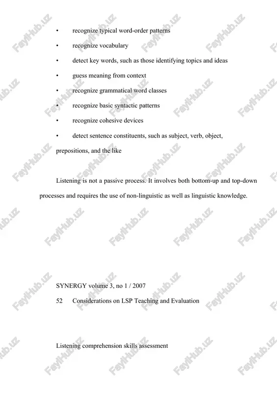 tudents to identify the one being described. in this sort of test, care must be taken so that the description is neither too simple (identification by a single word) nor too complex (identification only possible if the students hear a particular word or morpheme). another relatively simple technique is to make statements about pictures, items, or actions and ask the students to judge whether they are true or false. for example, holding up a picture of a man and a woman horseback riding, the teacher might say, there are three people in this picture. the man is on the right side of the woman. they are both riding the same horse. or, using props brought to class, the instructor can perform certain actions and then ask about them: first, i took the napkin and placed it on the table, and then i laid the spoon on top of it. the …