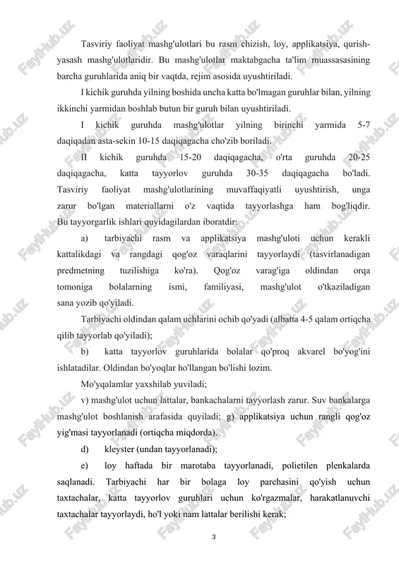 hilikka jalb etadi. ular bankalarga suv quyadilar, bo'yoqlarni qo'yib chiqadilar va boshqalar. mashg'ulotdan so'ng bo'yoqlarni katta guruhdagi navbatchilar stol va stullarning qay tarzda turishini nazorat qilib, mashg'ulotdan so'ng stollar ustulni artib chiqadilar, ular loy, bo'yoqni, mo'yqalamlarni stol ustiga qo'yib chiqadilar. yelim ham qo'yib chiqadilar. taxtachalarni yig'ib, bankachalarni yuvib, joyiga qo'yadilar, qaychilarni tarqatib, mashg'ulotdan so'ng yig'ib chiqadilar. tayyorlov guruhida navbatchilikka katta mustaqillik beriladi. tarbiyachi bolalarga, navbatchilarga mashg'ulot uchun nimalar kerak bo'lishini aytadi, navbatchilar ularni tayyorlaydi. tarbiyachi kuzatadi. prezidentimiz shavkat mirziyoyevning o’zbekiston respublikasi konstitutsiyasi qabulqilinganining 25 yilligiga bag’ishlangan tantanali marosimdagi ma’ruzalarida “ maktabgachata’lim sohasida ana shunday ulkan islohotlarni hayotga joriy etish biz uchun ham qarz, ham farzdir. qanchalik qiyin bo’lmasin, bu tarixiy vazifani amalga oshirishimiz shart va uni barchamiz birgalikda albatta bajaramiz”49. maktabgacha ta’lim tashkilotida tasviriy faoliyat mashg’ulotlarini rejalashtirish va hisobga olish zarur. tasviriy faoliyat – bu bolalarni o‘z oldiga qo‘ygan maqsadlarini bajarishda tinmay mehnat qilishga undovchi faoliyatdir. tasviriy faoliyat bolalarga estetik …