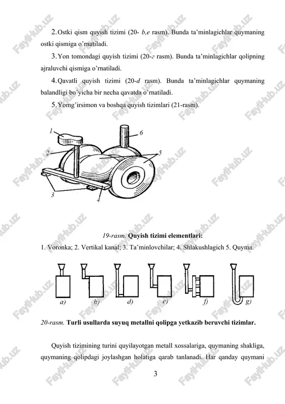 uchlanishlarini hosil qiladi, bundan tashqari bu tizimning shakli murakkab va quyma olishda katta miqdordagi metall yordamchi quymaga sarflanadi. yon tomondagi quyish tizimi eng ko’p qo’llaniladigan tizim bo’lib, unda tizim ustunidan tushayotgan metall bosimi kam. lekin u yuqori qismi tizimiga nisbatan ko’proq metall sarfini talab etadi. yon tomondagi quyish tizimi baland bo’lmagan o’rta hajmdagi quymalar uchun keng qo’llaniladi. qavat quyish tizimi katta hajmdagi og’ir quymalar olish qo’llaniladi. bu usulda quymaning metall bilan ta’minlanishi ostki qism ta’minotiga ko’ra ancha yaxshi. metallning qolip bo’shlig’iga ta’minoti ham pastdan tepaga qarab amalga oshadi. ammo qavat quyish tizimi ancha murakkab va yordamchi metall sarfi yuqori. undan asosan rangli metallarni quyishda foydalaniladi, yomg’irsimon quyish tizimi asosan silindr shaklidagi quymalar olishda qo’llaniladi. suyuq metall ustunidan halqasimon tutqichga uzatilib, undan esa bir-biriga nisbatan bir xil masofada joylashgan ta’minlagichlarga o’tadi. ta’minlagichlardan tushayotgan ingichka metall oqimi qolip bo’shlig`ini bir me’yorda to’ldiradi. bunday quyish jarayonida metallning sachrashiga yo’l qo’yib bo’lmaydi. chunki qolip …