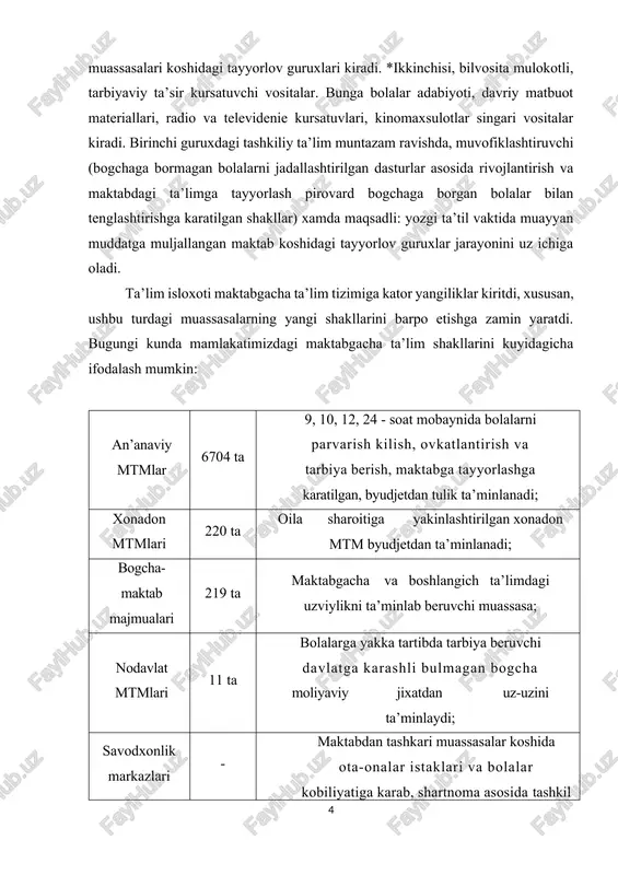 a koshida shartnoma yoki tashkilotlar xomiyligida tashkil etilgan kiska muddatli guruxlar; maktab koshidagi guruxlar - boshlangich sinf ukituvchilari tomonidan tashkil etiladigan guruxlardan asosan bogchaga bormagan bolalarga maktabdagi ta’limga tayyorgarlik kursatiladi. - mtmlarda olib borilayotgan ta’lim-tarbiya jarayonini mukobil xolda muvofiklashtiruvchi maktabgacha ta’lim shakllari vujudga kelib, ularda 13%ga yakin bolalar tarbiyasi kamrab olingan. muvofiklashtiruvchi ta’limning ijobiy jixatlari bilan bir katorda ma’lum kamchiliklari xam mavjud: bolalar mtmga kun davomida emas, balki muayyan mashgulotlarda katnashish, shanba-yakshanba kunlari kelish, fakatgina savodxonlik saboklarini urganish imkoniyatlariga ega buladilar, ularning jismoniy kamol topishi, salomatligiga gamxurlik kilish, aklan va ma’nan rivojlanishini ta’minlash, mutasaddilar tomonidan raxbarlik va nazorat kilish mexanizmi ishlab chikilmagan. shuning uchun xam mazkur ta’lim shaklining yutuk va kamchiliklari urganilib, ular rivojlantirilishi lozim. xozirgi kunda mtmlarda 54.575 nafar pedagog kadrlar ishlab kelmokda. maktabgacha tarbiya muassasalariga lavozimlar ruyxatiga tarbiyachi, musika raxbari, logoped-defektologlar katoriga jismoniy tarbiya instruktori, psixolog, uzbek tili ukituvchilari kiritildi. sunggi 1993-1998 yil attestatsiyasi natijalariga kura, ularning: 546-oliy …