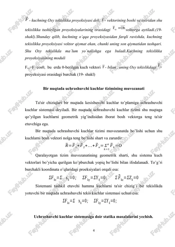 tanlab olinadi, o’qlar shunday tanlanib olinishi lozimki iloji boricha noma'lum bo’lgan reaksiya kuchlari faqat bitta o’qqa proeksiyalanishi ta`minlansin, aks holda masalani yechish murakkabroq bo’lishi mumkin. 4) bog’lanishlarni tashlab yuboriladi va yuqoridagi tenglamalar sistemasidan foydalanib, muvozanat tenglamalari tuziladi. 5) agar geometrik yo’lni tanlagan bo’lsangiz, uch kuch teoremasidan foydalanib, kuch uchburchagi quriladi va sinuslar teoremasi orqali tegishli tenglamalar tuziladi. 6)tuzilgan tenglamalar sistemasini noma'lum reaksiya kuchlariga nisbatan yechib noma'lum kuchlar aniqlanadi. 3. mavzuga doir masalalarni echish uchun na`munalar 1.1-masala. ac va bc sterjenlar o’zaro va vertikal devor bilan sharnirlar vositasida biriktirilgan (1.1, a-shakl). c sharnirga og`irligi r=1000n bo’lgan yuk osilgan. agar sterjenlar orasidagi burchak va ac sterjen bilan devor orasidagi burchak bo’lsa, sterjinlarining og`irligini hisobga olmay ularda hosil bo’ladigan zo’riqishlar aniqlansin. 1.1-shakl izoh. sterjen bo’ylab yo’nalgan cho’zuvchi yoki siquvchi kuch sterjendagi zo’riqish deb ataladi. cho’zuvchi kuchdan farq qilish uchun siquvchi kuchni manfiy son bilan ifodalaymiz. sterjendagi zo’riqish miqdor jihatidan shu sterjenning reaksiya kuchi …