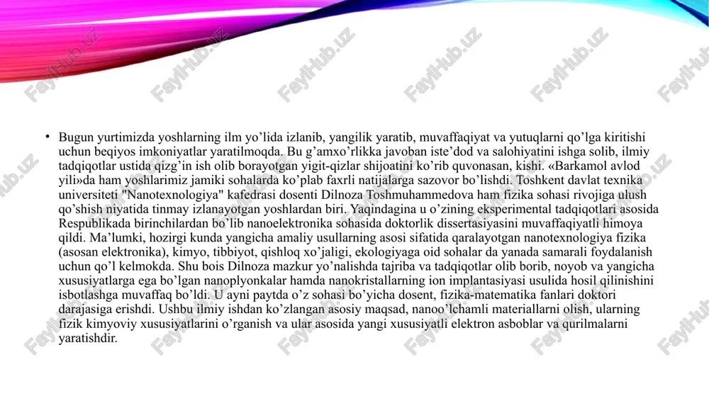 otga tatbiq etayotgani taxsinga sazovor. o’ta egiluvchan mikrosxema. tokio universitet olimlari maks plank nomidagi berlin instituti tadqiqotchilari bilan hamkorlikda o’ta elastik va ingichka mikrosxema yaratishning uddasidan chiqishdi. bu haqida «sayns nyus» manbasida ma’lum qilindi. mikrosxemaning qalinligi 2 nanometrga teng. e’tiborlisi, ushbu mikrochip organik moddalardan tayyorlangan. ilmiy yangilikni ishlab chiqishda esa asosiy material sifatida qalinligi 12 mikrometrga teng poliamid qatlamdan foydalanilgan. umuman, mikrosxema 26 mikrometr qalinlikda bo’lib, uni 0,1 millimetr radiusida egish mumkin. ishlanma mualliflarining gaplariga qaraganda, yangi turdagi mikrosxemaning qo’llanish sohasi juda keng. u egiluvchan displey (ekran) va tibbiy jihozlarni yaratishda ayniqsa qo’l keladi. o’ta o’tkazuvchanlik xossasi. uning kashf etilganiga 100 yil to’ldi. fizikada ulkan kuch — atom energiyasi ixtiro qilinganidan so’ng ilm-fan va texnika tarakqiyotida sezilarli o’sish kuzatila boshlandi. negaki, shu davrdan keyin fizikaga e’tibor kuchayib, insoniyat fanga global muammolarni hal etishdagi asosiy manbalardan biri sifatida qarashni o’rgandi. bu jarayon fizik olimlarni yanada ruxdantirib, ular tomonidan bir qator olmashumul …