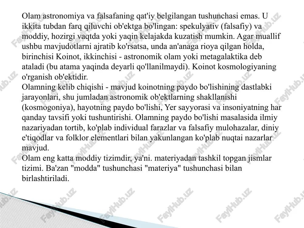 boshlagan degan nuqtai nazar mavjud. dastlabki bosqichda bu zich modda sochilib, barcha yo'nalishlarda tarqaldi va to'qnashuvlar paytida doimiy ravishda parchalanib turadigan beqaror zarrachalarning bir hil qaynaydigan aralashmasi edi. millionlab yillar davomida sovib, o'zaro ta'sirlashib, kosmosda tarqalgan barcha bu materiya katta va kichik gaz hosilalariga to'plangan, ular yuzlab million yillar davomida yaqinlashib, birlashib, ulkan komplekslarga aylangan. o'z navbatida, ularda zichroq joylar paydo bo'ldi - keyinchalik u erda yulduzlar va hatto butun galaktikalar paydo bo'ldi. gravitatsion beqarorlik natijasida hosil bo'lgan galaktikalarning turli zonalarida massalari quyosh massasiga yaqin bo'lgan zich "protoyulduzli shakllanishlar" paydo bo'lishi mumkin. boshlangan siqilish jarayoni o'zining tortishish maydoni ta'sirida tezlashadi. bu jarayon bulut zarralarining uning markaziga erkin tushishi bilan birga keladi - tortishish siqilishi sodir bo'ladi. bulutning markazida molekulyar vodorod va geliydan iborat muhr hosil bo'ladi. markazdagi zichlik va haroratning oshishi molekulalarning atomlarga parchalanishiga, atomlarning ionlanishiga va protoyulduzning zich yadrosining shakllanishiga olib keladi. olamning siklik holati haqida gipoteza mavjud. bir …