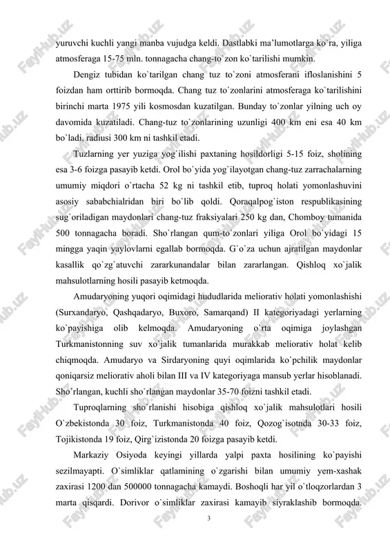 hi hisobiga qishloq xo`jalik mahsulotlari hosili o`zbekistonda 30 foiz, turkmanistonda 40 foiz, qozog`isotnda 30-33 foiz, tojikistonda 19 foiz, qirg`izistonda 20 foizga pasayib ketdi. markaziy osiyoda keyingi yillarda yalpi paxta hosilining ko`payishi sezilmayapti. o`simliklar qatlamining o`zgarishi bilan umumiy yem-xashak zaxirasi 1200 dan 500000 tonnagacha kamaydi. boshoqli har yil o`tloqzorlardan 3 marta qisqardi. dorivor o`simliklar zaxirasi kamayib siyraklashib bormoqda. yaylovlarning qisqarishi va hosildorlikning pasayishi chorva molla;riga o`z ta’sirini ko`rsatmoqda. sho`rlangan yerlar maydoni kundan-kunga ortib bormoqda. qirg`oqchilik tufayli iqlimning keskin kontinentanligi ortib ketdi. dengiz va quruqlik o`rtasidagi haroratni o`zgarishi shamol tezligining ortishi suvning to`lqinlanish xodisasini kuchayishiga olib keldi. avvali qumlar ortiqcha namlikni yutishi hisobiga, namlikni doimo ushlab turishiga cho`l o`simliklarning rivojlanishiga yordam berar edi. kuchli sho`rlangan yer osti suvlarining yuza joylanishi, cho`llanish jarayonini kuchaytirmoqda. amudaryo va sirdaryo qirg`oqlarining pasayishi natijasida daryoning quyi qismida suv toshqinlarini kamaytirib yubordi. bu o`z navbatida to`qay o`simliklari maydonlarini qisqarishiga ilgari gumusga boy bo`lgan o`tloqlar o`tloq botqoqli tuproqlar unumsiz, …