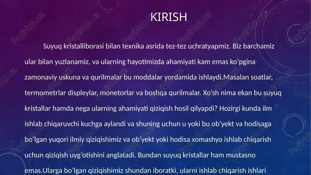 r suyuq kristallarni o’rganish rivojiga hamda qisman suyuq kristallar optikasi rivojiga katta hissa qo’shdi. i.g.chistyakov, a. r. kapustin, s.a brazovskiy, s.a. piken, y.m. bhinov va boshqa olimlarning ishlari bu sohada mashhur va suyuq kristallarning samarali texnik vositalarini kasf qilishgahlar.suyuq kristallarning mavjudligini 1888 yil abstryalik botanik fridrix reynitser suyuq kristallarning xolesterik turini kashf qilgan. u yangi sentezlangan xolesterikbenzoat moddasini kuzatib, 145 0 c temperaturada bu moddaning kristali erib, suyuqliklarning xira yorug’lik hosil qilishin aniqladi. issiqlik miqdori 179 0 cga borganda suyuqlik yorqinlashadi, ya’ni o’zini optik munosabatda ko’rsata boshladi, xuddi oddiy suyuqlik kabi, masalan suvdek, xolesterilbenzoatning kutilmagan xossalari aniqlashtirgan xira fazada polyarizatsion mikraskop ostida bu fazani kuzatish juda qiziqrli edi. reynitser aniqladiki, u ikkiyoqlama sinadi. bu yorug’lik sinishini ko’rsatkichi, ya’ni yorug’lik tezligi bu fazada faza bog’lik ekan.suyuq kristallar buyicha respublikamizda ham juda ko’p ilmiy ishlar qilingan, masalan samarqand davlat universiteti “fizika fakul’teti” ga qarashli “kvant optikasi va radioelektronikasi” kafedrasi bo’lib, bu yerda …