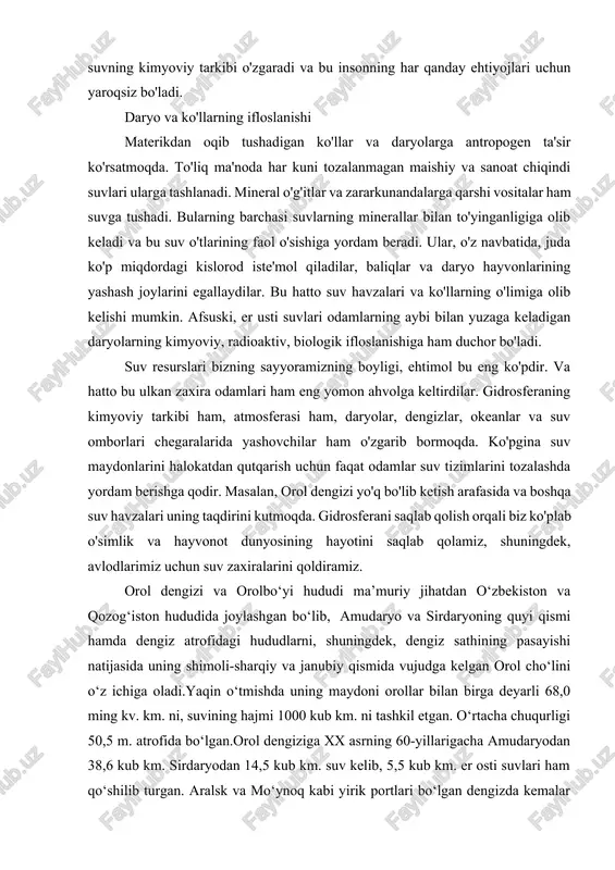 a mo‘ynoq kabi yirik portlari bo‘lgan dengizda kemalar qatnovi mavsumi 7 oy davom etgan. dengiz cho‘l mintaqasida joylashganligi sababli uning yuzasidan har yili 1m. qalinlikdagi suv bug‘langan. o‘tgan asrning boshlaridan uning suvi sathi pasaya boshladi. masalan, bundan yarim asr muqaddam orol dengiziga daryolardan yomg‘irlar bilan birga yiliga o‘rtacha 65 kub km. suv kelib, suv yuzasidan esa 66,10 kub km. suv bug‘lanib turgan. suv sathi ayniqsa, o‘tgan asrning 60-yillaridan boshlab sug‘oriladigan ekin maydonlarining kengaytirilishi, amudaryo va sirdaryo suvlarining sug‘orish maqsadlari uchun ko‘plab ishlatilishi oqibatida suv sathi keskin pasayib, qum maydonlar kengaya boshlagan. shamol esganida dengiz o‘rnida paydo bo‘lgan orolqumdagi tuz va tuproq zarrachalaridan iborat chang havoga ko‘tarilib, uzoq masofalarga tarqaladi. qurigan dengiz tubidan yil davomida 15 mln. dan 75 mln. tonnagacha chang ko‘tarilishi kuzatilgan. kengligi 40 km. uzunligi 400 km. ga yetadigan tuzli chang to‘fonlar ta’sirida orolqumdan o‘nlab, hatto yuzlab km. masofaga tarqalib, tabiiy o‘tloqlar, ekinzorlar, bog‘lar, shaharlar va qishloqlar ustiga …