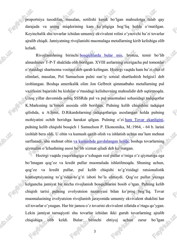 dit pullar muomalada ishlatilmoqda. shuning uchun, qog’oz va kredit pullar, pul kelib chiqishi to’g’risidagi ratsionalistik kontseptsiyaning to’g’ridan-to’g’ri isboti bo’la olmaydi. qog’oz pullar yuzaga kelguncha jamiyat bir necha rivojlanish bosqichlarini bosib o’tgan. pulning kelib chiqish tarixi pulning evolyutsion nazariyasi bilan ko’proq bog’liq. tovar muomalasining evolyutsion rivojlanish jarayonida umumiy ekvivalent shaklini har xil tovarlar o’ynagan. har bir jamoa o’z tovarini ekvivalent sifatida o’rtaga qo’ygan. lekin jamiyat tarraqiyoti shu tovarlar ichidan ikki guruh tovarlarning ajralib chiqishiga olib keldi. bular: birinchi ehtiyoj uchun zarur bo’lgan tovarlar va zebu-ziynat tovarlaridir. ishlab chiqarishning rivojlanishi natijasida dehqonchilik va chorvachilikdagi mehnat taqsimoti, tovar turlarining ko’payishi almashinuv jarayoninig yana rivojlanishini taqozo qildi. almashuv jarayonida tovar egalari o’zaro muloqotda bo’lib, tovarning egasi o’z mahsulotini (mulkini) baholagan. shu baholash jarayoni biror o’lchov birligi bo’lishini taqozo qilgan. mamlakatimizning iqtisodiy jihatdan rivojlanishida ham pulning vujudga kelishi hamda uning amal qilishining o’rni beqiyosdir. pul tizimining vujudga kelishi milliy valyutamiz so’mning vujudga kelishiga ham eng …