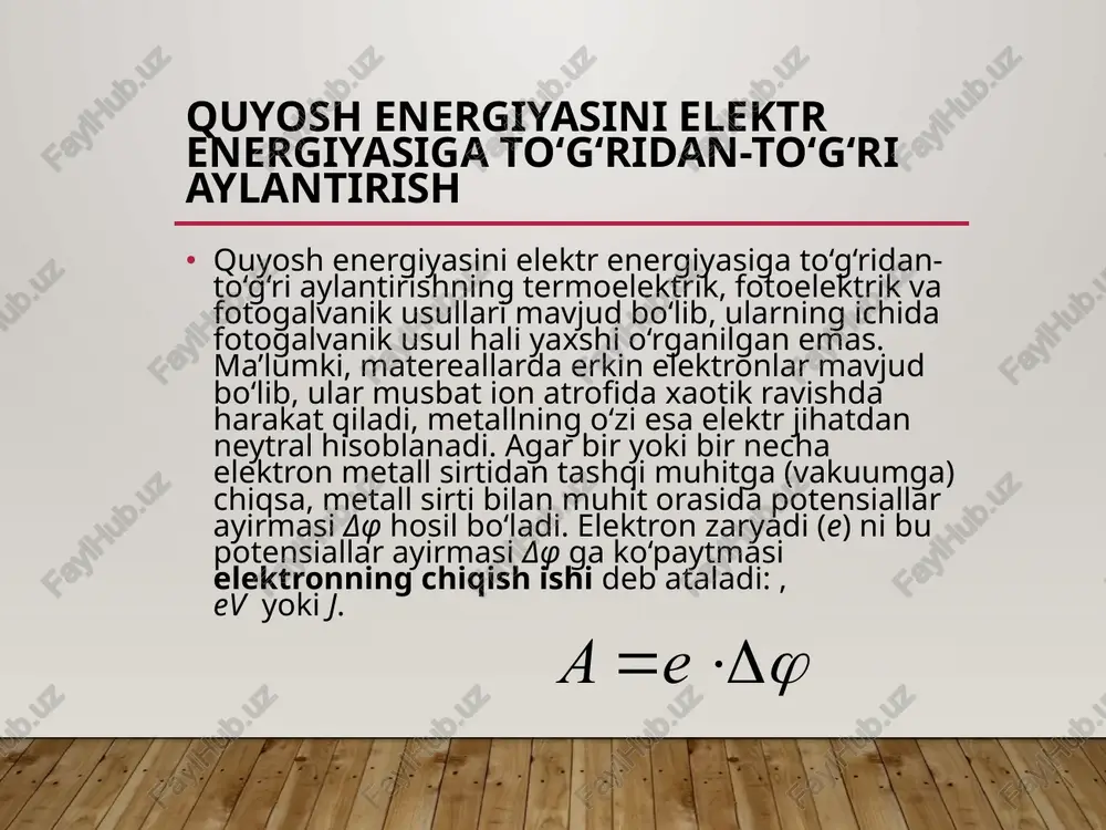 modullar to’g’risida tasavurlar hosil qilishga hamda xulosalar chiqarishga imkon beradi. qayta tiklanuvchi energiya manbaalaridan energiya olish jahon talabiga aylandi. insoniyat kelajagi qayta tiklanuvchi energiya manbaalariga bog’liq, chunki qayta tiklanmaydigan energiya manbaalari agar insoniyat shu tarzda foydalanishda davom etsa yer yuzida 2081-yilga kelib butkul tugaydi. qayta tiklanuvchi energiya manbaalari orasidan eng keng foydalanilayotgani — quyosh elementidir. ya’ni quyosh energiyasini elektr energiyasiga aylantirish biz uchun arzon hamda qulay. bugungi kunga kelib juda ko’p turdagi quyosh elementlari ixtro qilindi. kremniy asosli, perovskite, organik va hokazo. bularning orasidan keng miqyosda ishlab chiqarilayotgani –kremniy asosli quyosh elementi. chunki, kremniy elementi yer yuzida eng keng tarqalgan hamda arzon hom ashyodir. xulosa quyosh energiyasini elektr energiyasiga to‘g‘ridan-to‘g‘ri aylantirishning termoelektrik, fotoelektrik va fotogalvanik usullari mavjud bo‘lib, ularning ichida fotogalvanik usul hali yaxshi o‘rganilgan emas. ma’lumki, matereallarda erkin elektronlar mavjud bo‘lib, ular musbat ion atrofida xaotik ravishda harakat qiladi, metallning o‘zi esa elektr jihatdan neytral hisoblanadi. agar bir yoki …