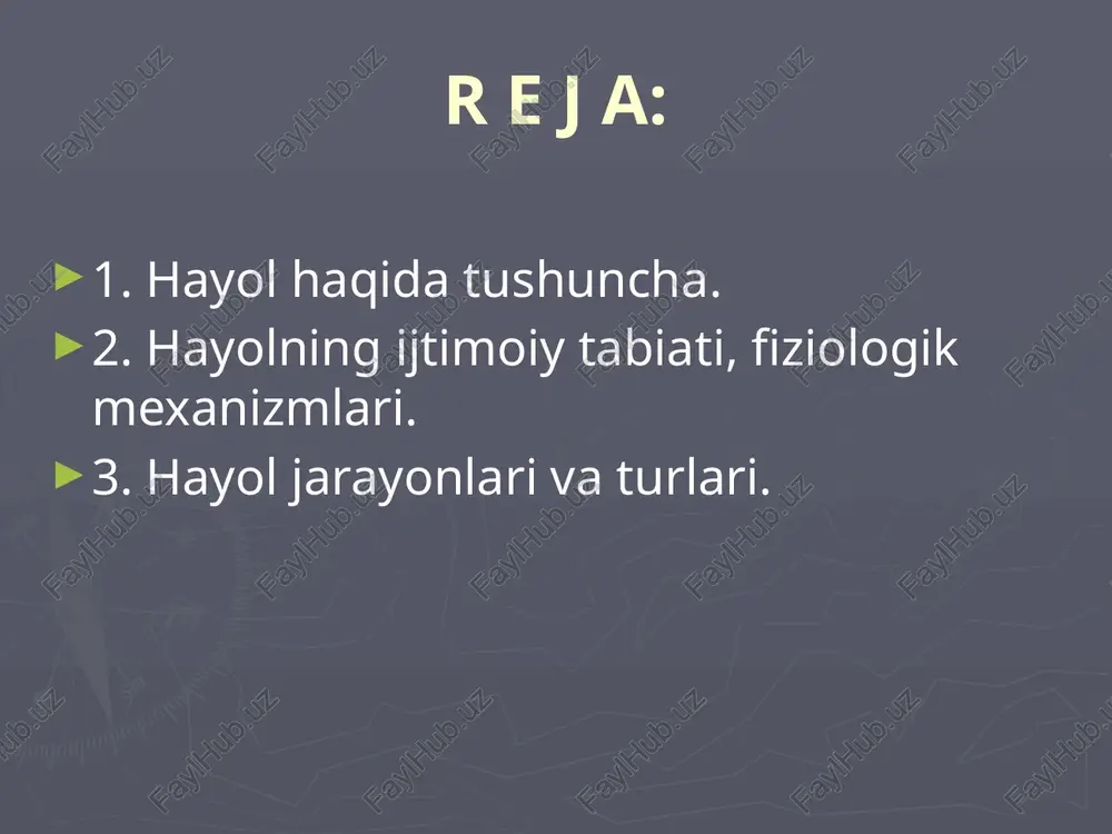 l yoki fantaziya, tafakkur kabi yuksak bilish jarayonlariga kiradi va faqat odamlarga xos bo’lgan faoliyatlarda yuzaga chiqadi. mehnatning tayyor natijasini xayolga keltirmay turib, ishga kirishib bo’lmaydi. fantaziya yordamida kutilayotgan natijani tasavvur qilish - inson mehnatining hayvonlar instinktiv harakatlaridan tubdan farqidir. xayol inson ijodiy faoliyatining zarur elementi bo’lib, mehnatning oxirgi va oraliq mahsulotlarida o’z ifodasini topadi. xayol mehnat natijalarini narsalarda gavdalantirishga undaydi va shuning bilan birga muammoli vaziyat aniq bo’lmagan hollarda ish-harakat programmasini tuzishni ta’minlaydi. foydalanilgan adabiyotlar zokirxodjaev sh.ya., solixov m.u. “shifokor va bemor” toshkent - 2016 yil. siluyanovoy i. v. bioetika v rossii: sennosti i zakono`., m. 2001. r karimov sh.i. soglom ovkatlanish –salomatlik mezoni 2015 yil fauler m.. etika i sestrinskoe delo. m., 1994. merta dj.. spravochnik vracha obhey praktiki. m.,1998. magazanik n.a.. iskusstvo obheniya s bolno`mi. m., 1991. image1.png image2.jpeg image3.jpeg image4.jpeg image5.jpeg image6.jpeg image7.jpeg image8.png image9.jpeg 22675642 ow ovenea een no aoraconnae ears ‘cscenzossn ganna) axmutoe sonore …