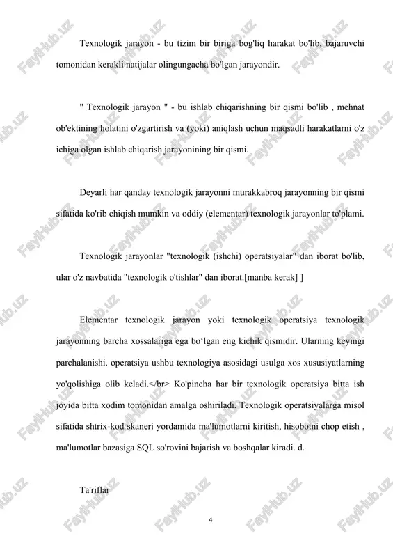 yasi rivojlanishining ilg'or jahon darajasiga ko'tarilish (yoki mos kelish) ni o'z ichiga oladi. texnologik jarayonni loyihalashni boshqarish marshrut va ekspluatatsion texnologik jarayonlar asosida amalga oshiriladi. “marshrut texnologik jarayoni” texnologik operatsiyalarning roʻyxati va ketma-ketligini, ushbu operatsiyalar bajariladigan asbob-uskunalar turini belgilaydigan marshrut xaritasi bilan tuziladi; ishlatiladigan uskunalar; o'tish va ishlov berish rejimlarini ko'rsatmasdan kengaytirilgan vaqt normasi. "operatsion ish oqimi" o'tish va ishlov berish rejimlariga ishlov berish va yig'ish texnologiyasini batafsil bayon qiladi. bu yerda operatsion jarayon xaritalari tuziladi. tj bosqichlari ma'lumotlarni qayta ishlashning texnologik jarayonini to'rtta kengaytirilgan bosqichga bo'lish mumkin: "boshlang'ich yoki asosiy". dastlabki ma'lumotlarni to'plash, ularni ro'yxatdan o'tkazish (birlamchi hujjatlarni qabul qilish, ularni to'ldirishning to'liqligi va sifatini tekshirish va boshqalar). d.) ma'lumotlarni yig'ish va ro'yxatga olish usullariga ko'ra, tpning quyidagi turlari ajratiladi: mexanizatsiyalashgan - ma'lumotlarni to'plash va ro'yxatga olish bevosita eng oddiy asboblardan (tarozilar, hisoblagichlar, o'lchash idishlari, xronometraj asboblari va boshqalar) foydalangan holda shaxs tomonidan amalga oshiriladi; d.); avtomatlashtirilgan - birlamchi …