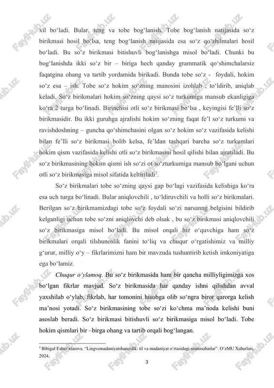 ari hokim so‘zning qaysi so‘z turkumiga mansub ekanligiga ko‘ra 2 turga bo‘linadi. birinshisi otli so‘z birikmasi bo‘lsa , keyingisi fe’lli so‘z birikmasidir. bu ikki guruhga ajralishi hokim so‘zning faqat fe’l so‘z turkumi va ravishdoshning – gunsha qo‘shimshasini olgan so‘z hokim so‘z vazifasida kelishi bilan fe’lli so‘z birikmasi bolib kelsa, fe’ldan tashqari barsha so‘z turkumlari hokim qism vazifasida kelishi otli so‘z birikmasini hosil qilishi bilan ajratiladi. bu so‘z birikmasining hokim qismi ish so‘zi ot so‘zturkumiga mansub bo‘lgani ushun otli so‘z birikmasiga misol sifatida keltiriladi[footnoteref:2]. [2: bibigul eshto‘xtarova. “lingvomadaniyatshunoslik: til va madaniyat o‘rtasidagi munosabatlar”. o‘zmu xabarlari, 2024.] so‘z birikmalari tobe so‘zning qaysi gap bo‘lagi vazifasida kelishiga ko‘ra esa ush turga bo‘linadi. bular aniqlovshili , to‘ldiruvshili va holli so‘z birikmalari. berilgan so‘z birikmamizdagi tobe so‘z foydali so‘zi narsanng belgisini bildirib kelganligi ushun tobe so‘zni aniqlovshi deb olsak , bu so‘z birikmasi aniqlovshili so‘z birikmasiga misol bo‘ladi. bu misol orqali biz o‘quvshiga ham so‘z …