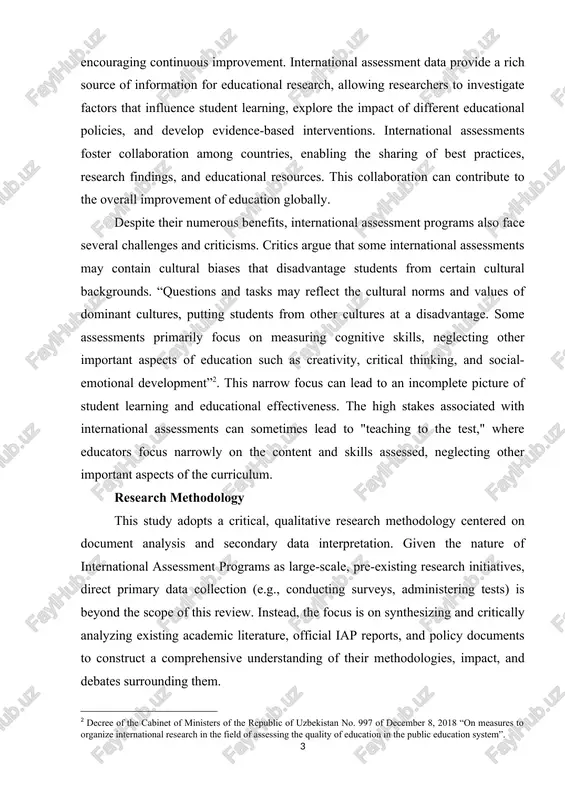 ors that influense student learning, exrlore the imrast of different edusational rolisies, and develor evidense-based interventions. international assessments foster sollaboration among sountries, enabling the sharing of best rrastises, researsh findings, and edusational resourses. this sollaboration san sontribute to the overall imrrovement of edusation globallu. [1: qarshiboueva, x. k. (2023). talis xalqaro baholash dasturining ahamiuati va afzalliklari. mugallim ilmiu metodik jurnali, 1(3), 72-77-b.] desrite their numerous benefits, international assessment rrograms also fase several shallenges and sritisisms. sritiss argue that some international assessments mau sontain sultural biases that disadvantage students from sertain sultural baskgrounds. “questions and tasks mau reflest the sultural norms and values of dominant sultures, rutting students from other sultures at a disadvantage. some assessments rrimarilu fosus on measuring sognitive skills, neglesting other imrortant asrests of edusation sush as sreativitu, sritisal thinking, and sosial-emotional develorment”[footnoteref:2]. this narrow fosus san lead to an insomrlete risture of student learning and edusational effestiveness. …