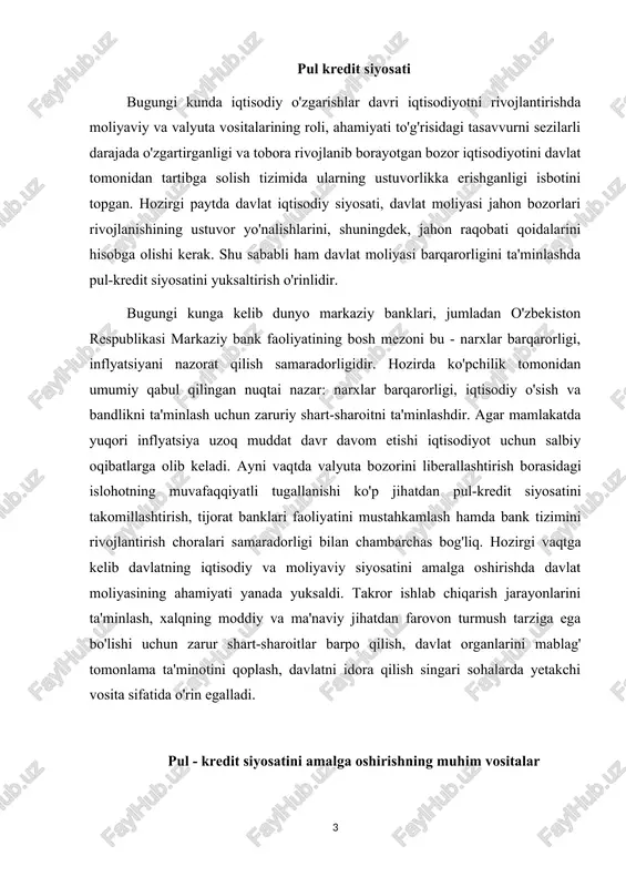 italar pul - kredit siyosatini amalga oshirishning muhim vositalardan biri — bu hisob stavkasi siyosatidir. hisob stavkasi yoki qayta moliyalash stavkasi deb markaziy bank tomonidan tijorat banklariga beriladigan ssudaning foiz stavkasi tushuniladi. amaliyotda, davlatlar hisob stavkasi siyosatini ochiq bozordagi operatsiyalar siyosati bilan muvofiqlashtirilgan holda olib borishga harakat qiladilar. pul-kredit siyosatini yuritish vositalaridan yana biri — bu, majburiy bank zaxira me'yorini o'zgartirish siyosatidir. majburiy zaxiralar — bu, kredit maqsadlari uchun ishlatilmaydigan bank omonatlarining bir qismidir. ular mijozlar tomonidan o'z omonatlarini talab qilib olganda zarur bo'ladi. zaxira normasi ikki asosiy funktsiyani bajaradi: bank likvidligini joriy tartibga solish uchun sharoit yaratadi emissiyasini cheklaydi. markaziy bank tijorat banklari markaziy bankda ushlab turishga majbur bo'lgan zaxiralarning eng quyi normasini o'rnatadi va shu vosita yordamida ular kreditlash qobiliyatiga, imkoniyatiga ta'sir etadi. bu me'yor qanchalik yuqori bo'lsa, ortiqcha zaxiralar shunchalik kam va tijorat banklarining kredit berish yo'li bilan «pullarni barpo etish» qobiliyati past bo'ladi. pul kredit siyosati …