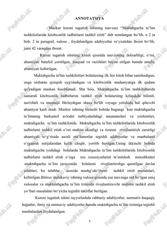 rifatli va mustaqil fikrlaydigan shaxs bo'lib voyaga yetishida hal qiluvchi ahamiyat kasb etadi. ushbu kurs ishi maktabgacha ta’lim tashkilotlarida kitobxonlik tadbirlarini tashkil etishning nazariy-metodik asoslarini, pedagogik imkoniyatlarini va ularni takomillashtirish yo'llarini o'rganishga bag'ishlangan. o'zbekiston respublikasi prezidenti shavkat mirziyoyev mamlakatimizda kitobxonlik madaniyatini keng targ'ib qilish, yoshlar o'rtasida mutolaaga bo'lgan qiziqishni oshirish masalalariga alohida e'tibor qaratib kelmoqda. u o'z nutqlarida ko'p bor shunday ta'kidlagan: "kitob – bu hayotimizning ma'naviy poydevori. bizning kelajagimiz, yoshlarimizning ertangi kuni kitobxonlik madaniyati bilan chambarchas bog'liq." "bolalarimizni yoshligidan kitobga oshno qilishimiz kerak. bular ma'naviyatimizning asosini tashkil qiladi. qayerda kitobxonlik bo'lsa, o'sha yerda bilim, ma'rifat va taraqqiyot bo'ladi." "menimcha, yoshlarimizning ongi, tafakkurini yuksaltirish, ularni vatanga sadoqat ruhida tarbiyalashda kitobdan boshqa hech qanday kuch yo'q." prezidentimizning ushbu fikrlari maktabgacha yoshdagi bolalarda kitobxonlikka bo'lgan muhabbatni shakllantirish, ularni ma'rifatli qilib tarbiyalashning naqadar dolzarb va strategik ahamiyatga ega ekanligini ko'rsatadi. kurs ishining dolzarbligi. bolaning intellektual, nutqiy va ijodiy rivojlanishida aynan maktabgacha yosh davri …